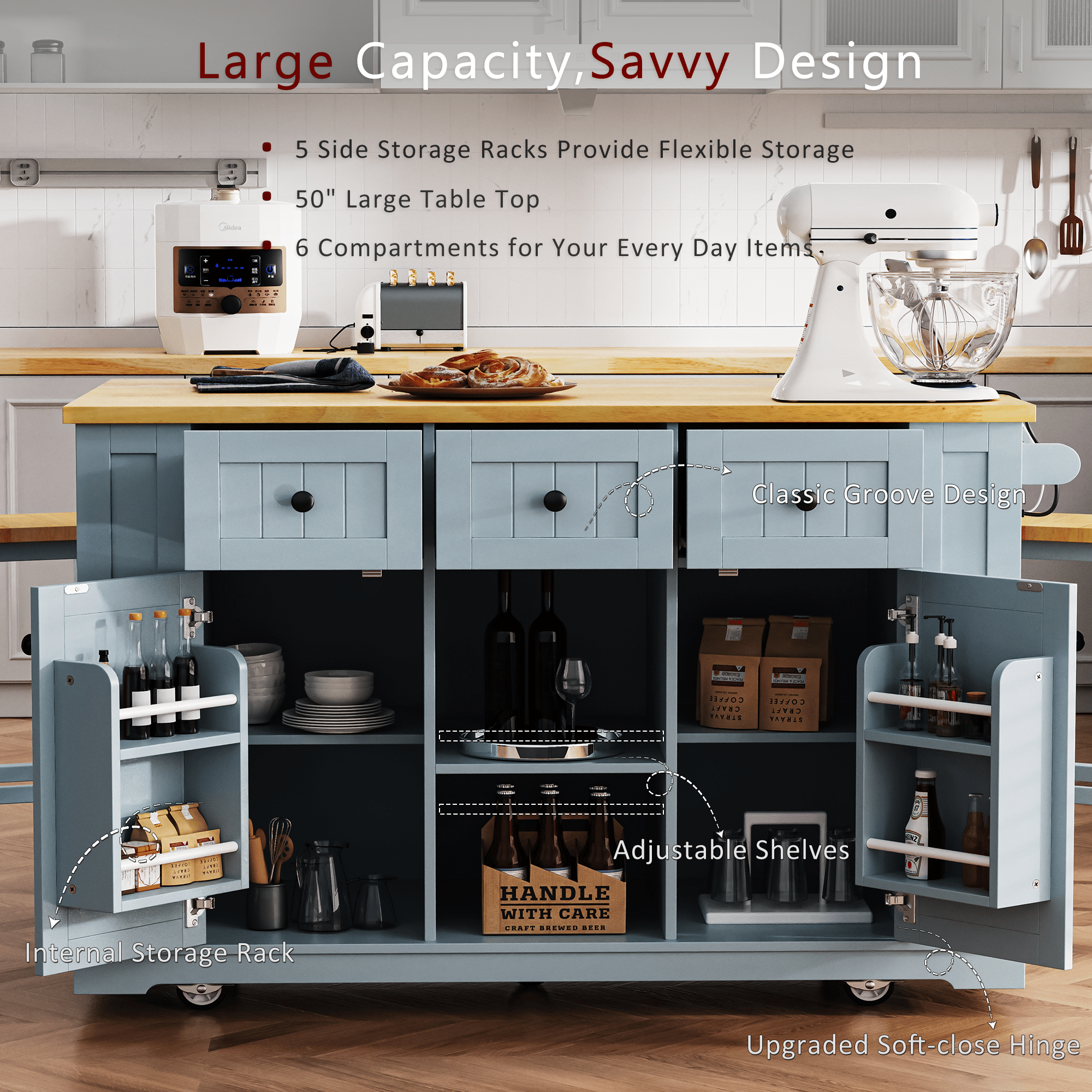 53 inch Large Kitchen Island with Drop Leaf,Power Outlet,Door Internal Storage Rack,Rolling Kitchen Cart on 5 Wheels with 5 Open Side Racks for Kitchen,Dining Room(Not include bar stools) - Comfortable Living Decor