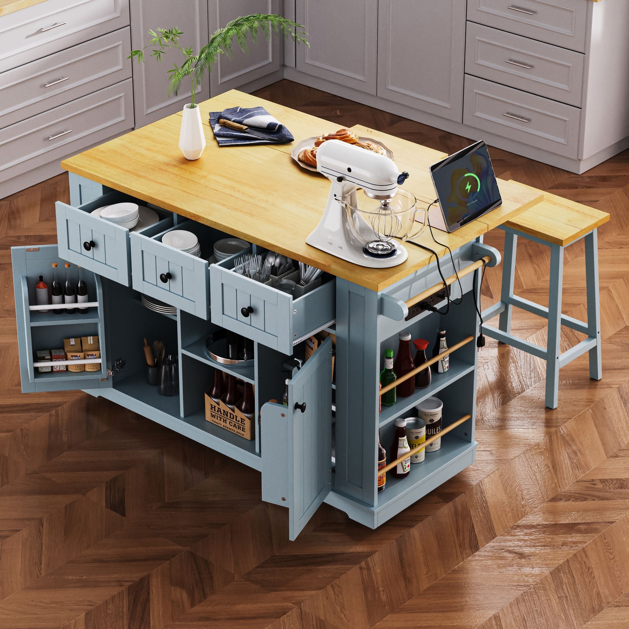 53 inch Large Kitchen Island with Drop Leaf,Power Outlet,Door Internal Storage Rack,Rolling Kitchen Cart on 5 Wheels with 5 Open Side Racks for Kitchen,Dining Room(Not include bar stools) - Comfortable Living Decor