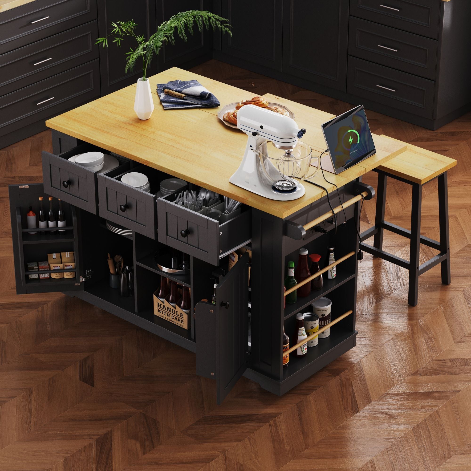 53 inch Large Kitchen Island with Drop Leaf,Power Outlet,Door Internal Storage Rack,Rolling Kitchen Cart on 5 Wheels with 5 Open Side Racks for Kitchen,Dining Room(Not include bar stools) - Comfortable Living Decor