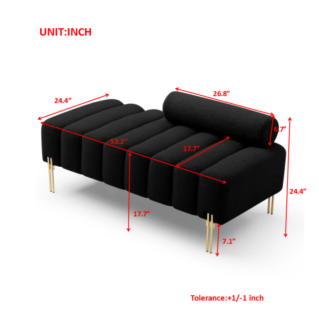 53.2" Width Modern End of Bed Bench Sherpa Fabric Upholstered 2 Seater Sofa Couch Entryway Ottoman Bench Fuzzy Sofa Stool Footrest Window Bench with Gold Metal Legs for Bedroom Living Room,Black - Comfortable Living Decor