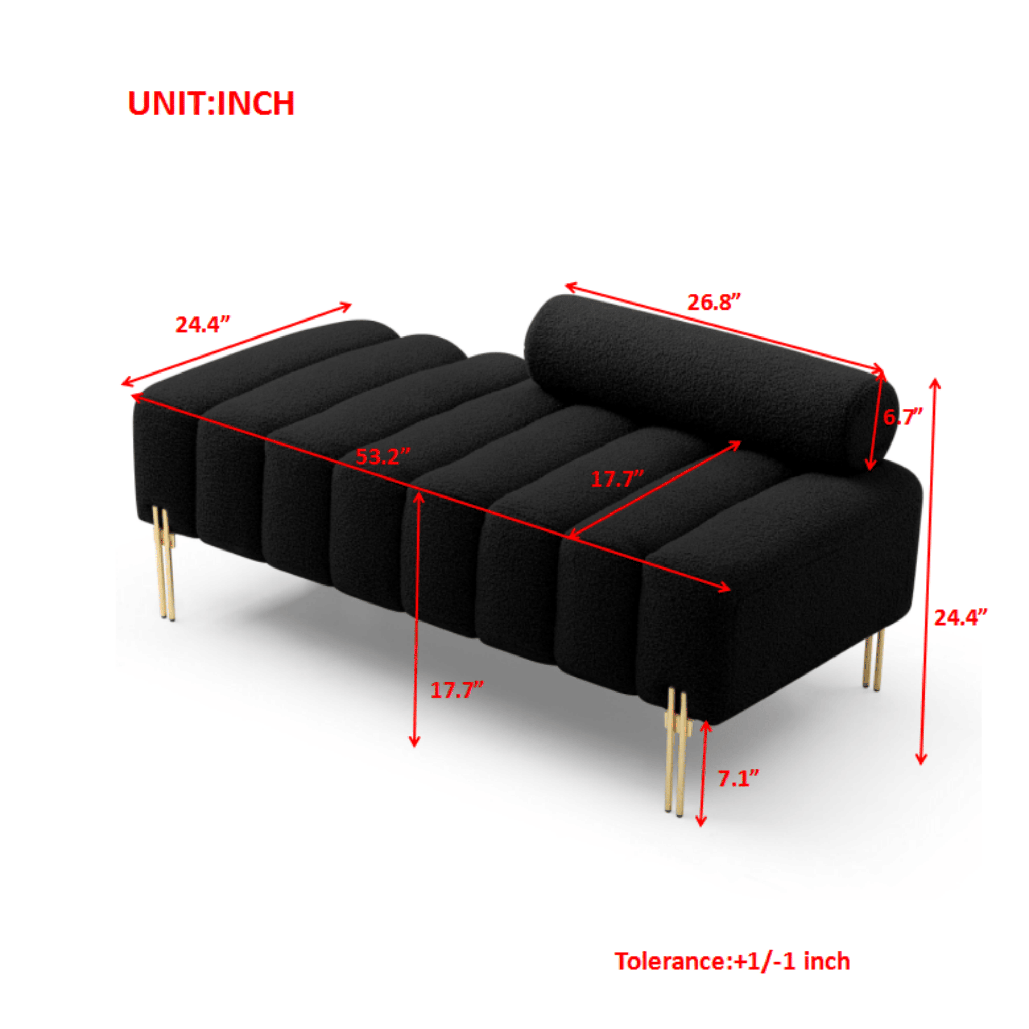 53.2" Width Modern End of Bed Bench Sherpa Fabric Upholstered 2 Seater Sofa Couch Entryway Ottoman Bench Fuzzy Sofa Stool Footrest Window Bench with Gold Metal Legs for Bedroom Living Room,Black - Comfortable Living Decor