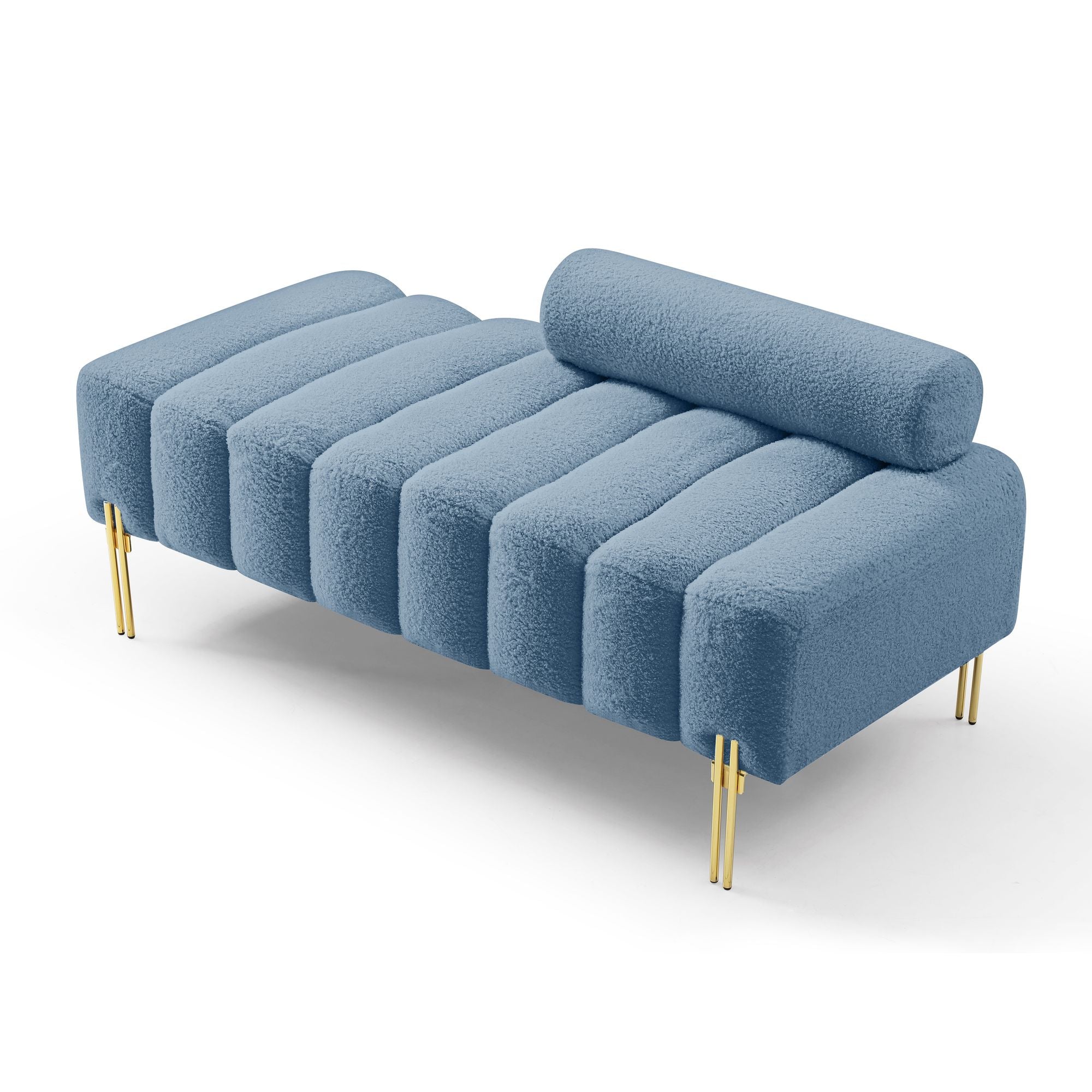 53.2"Width Modern End of Bed Bench Sherpa Fabric Upholstered 2 Seater Sofa Couch Entryway Ottoman Bench Fuzzy Sofa Stool Footrest Window Bench with Gold Metal Legs for Bedroom Living Room,Blue - Comfortable Living Decor