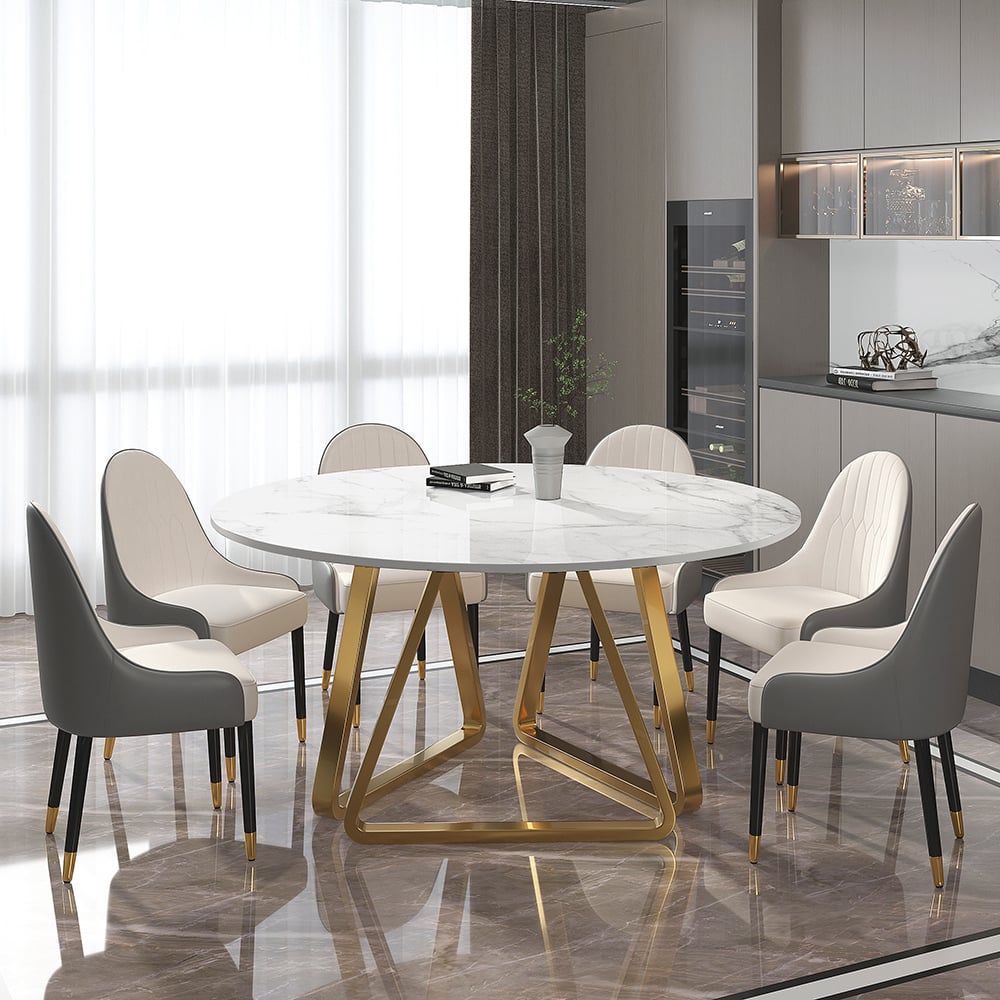59.1" Affordable Luxury Modern Round Sintered Stone Dining Table White Seats 6 - 8 People - Comfortable Living Decor