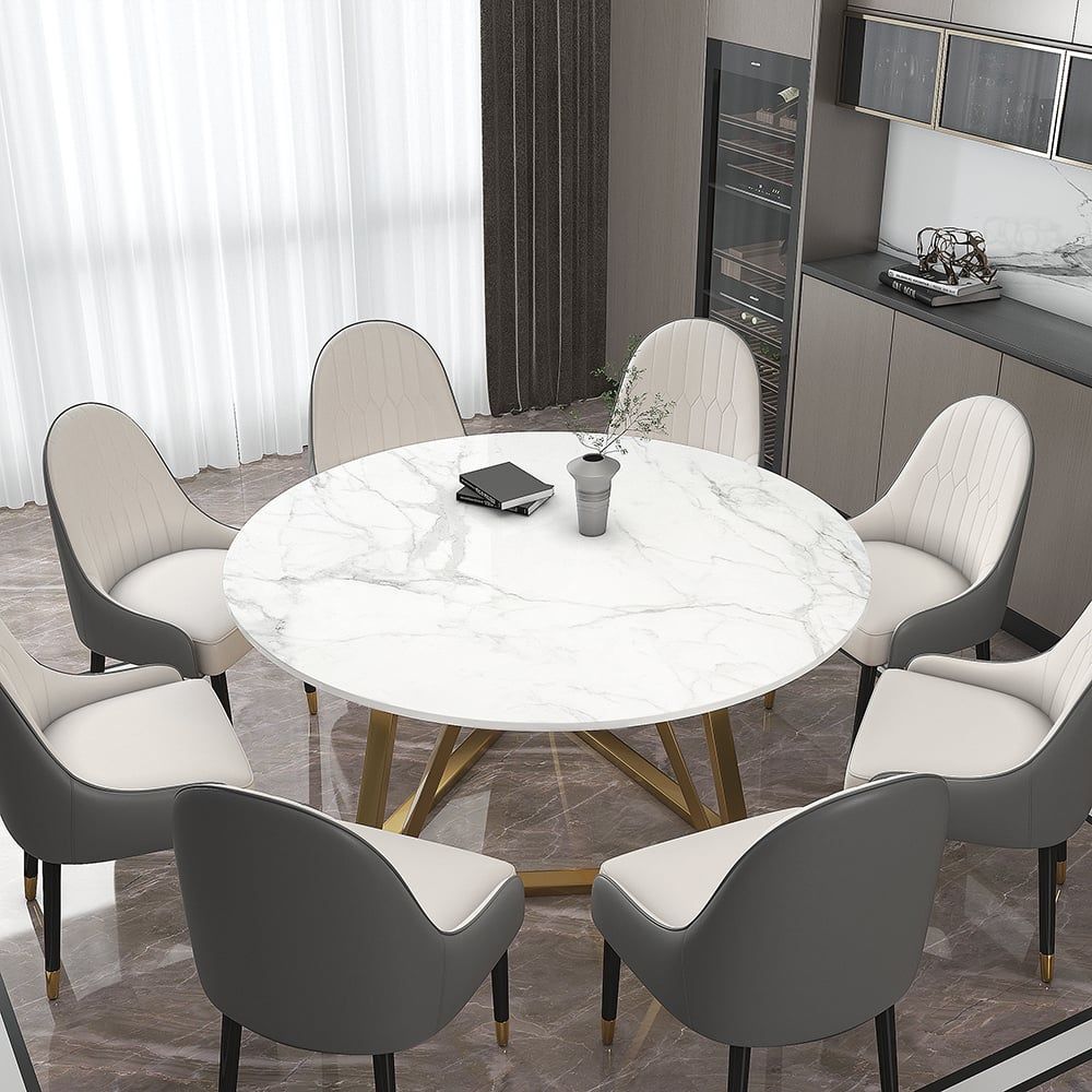 59.1" Affordable Luxury Modern Round Sintered Stone Dining Table White Seats 6 - 8 People - Comfortable Living Decor