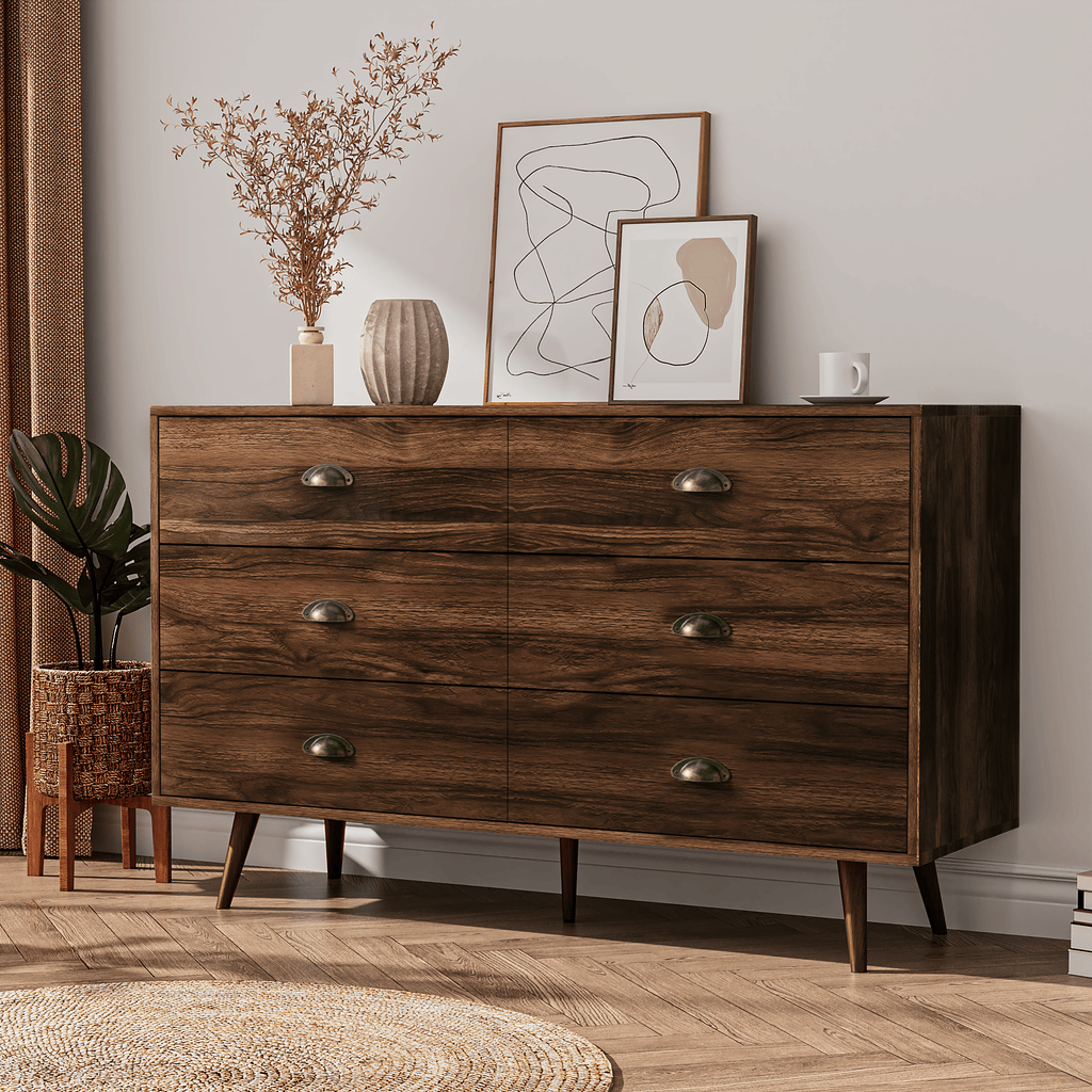 6 Drawer Dresser For Bedroom, Wood Storage Cabinet With Black Handles, Farmhouse Closet Of Drawers for Living Room - Comfortable Living Decor