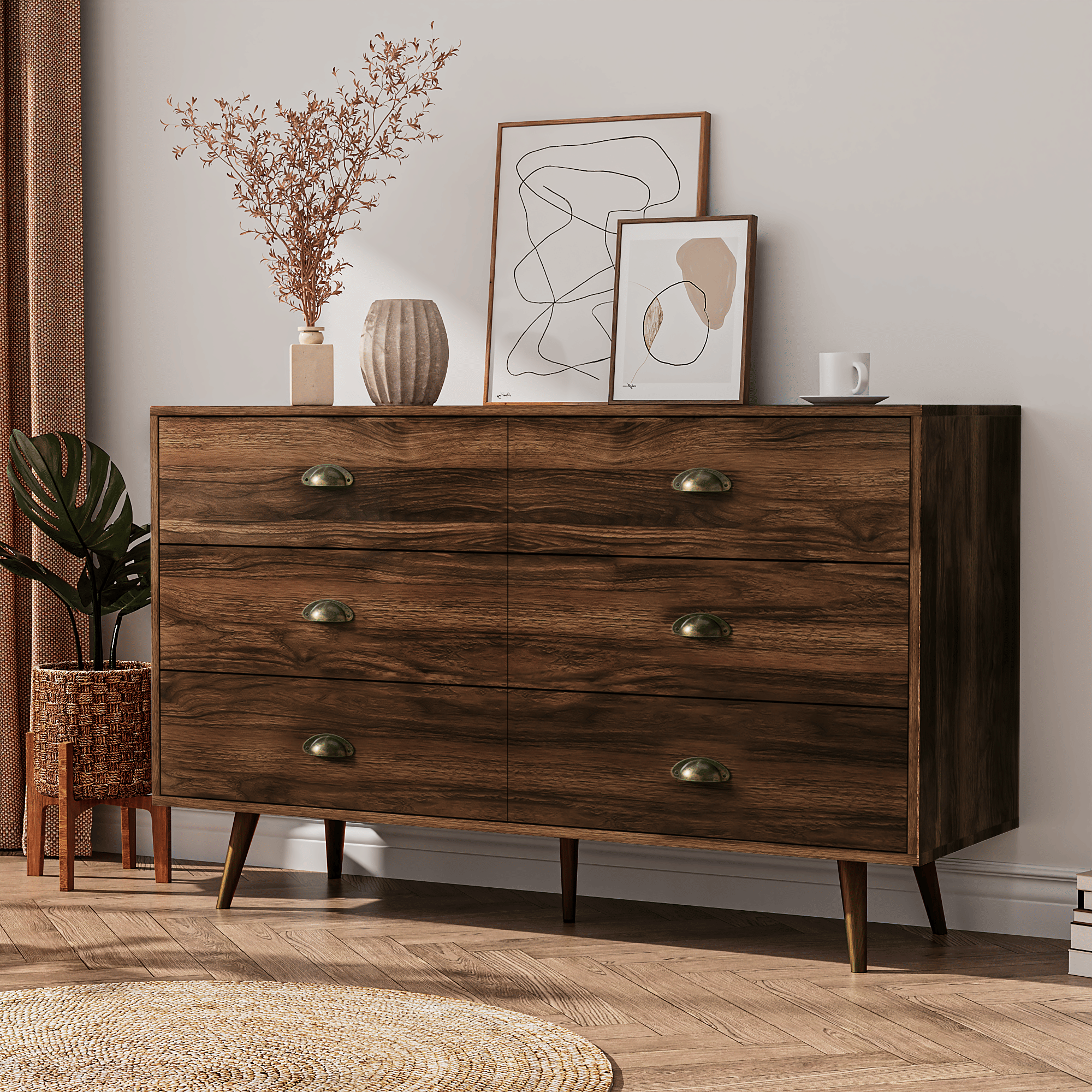 6 Drawer Dresser For Bedroom, Wood Storage Cabinet With Black Handles, Farmhouse Closet Of Drawers for Living Room - Comfortable Living Decor