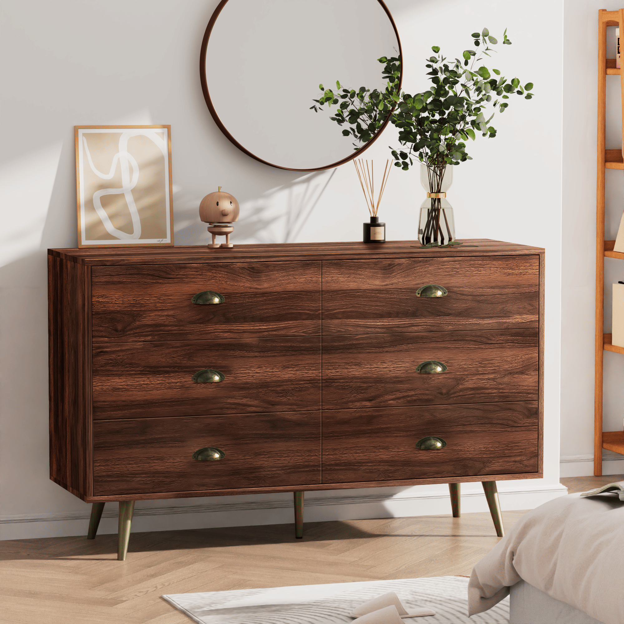 6 Drawer Dresser For Bedroom, Wood Storage Cabinet With Black Handles, Farmhouse Closet Of Drawers for Living Room - Comfortable Living Decor