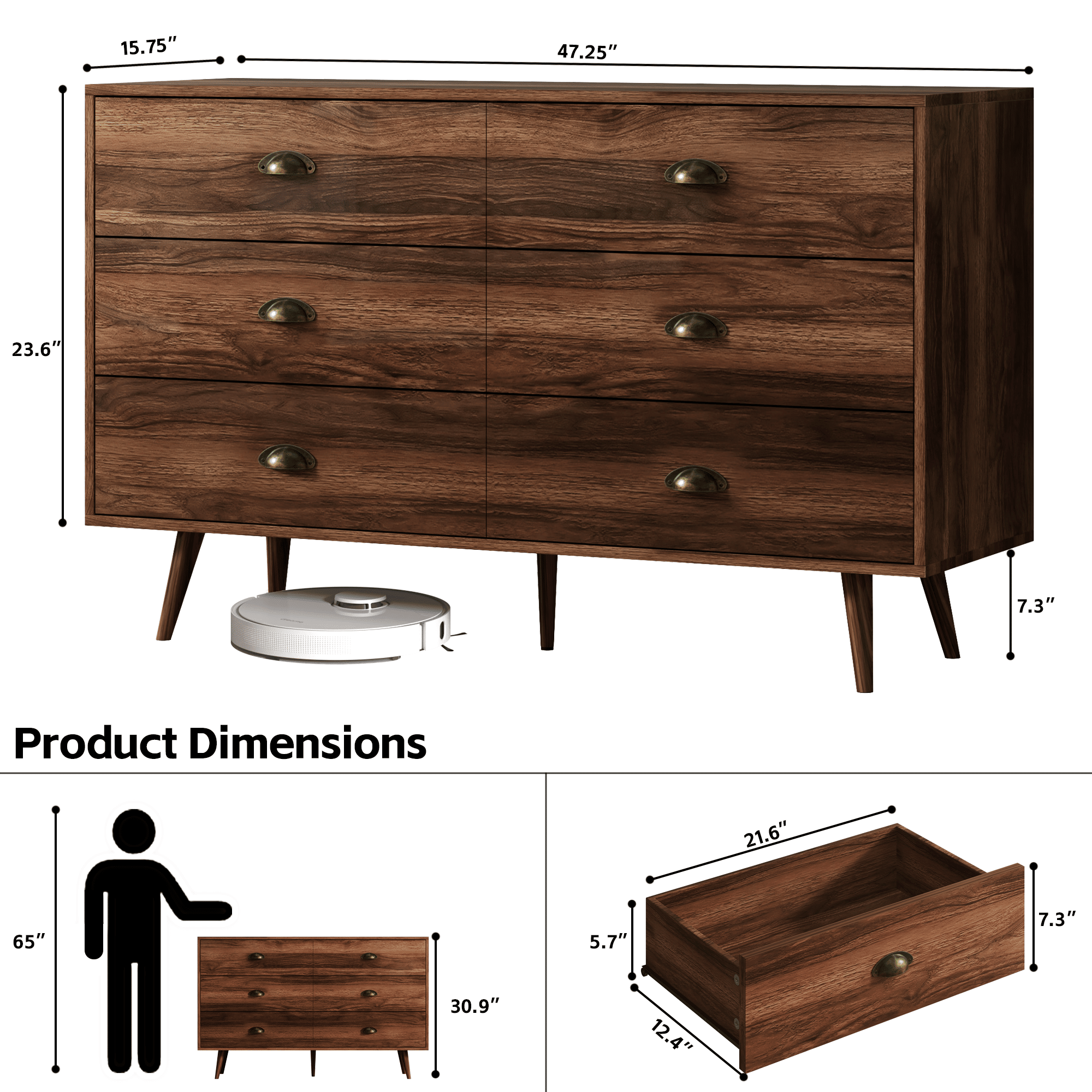 6 Drawer Dresser For Bedroom, Wood Storage Cabinet With Black Handles, Farmhouse Closet Of Drawers for Living Room - Comfortable Living Decor