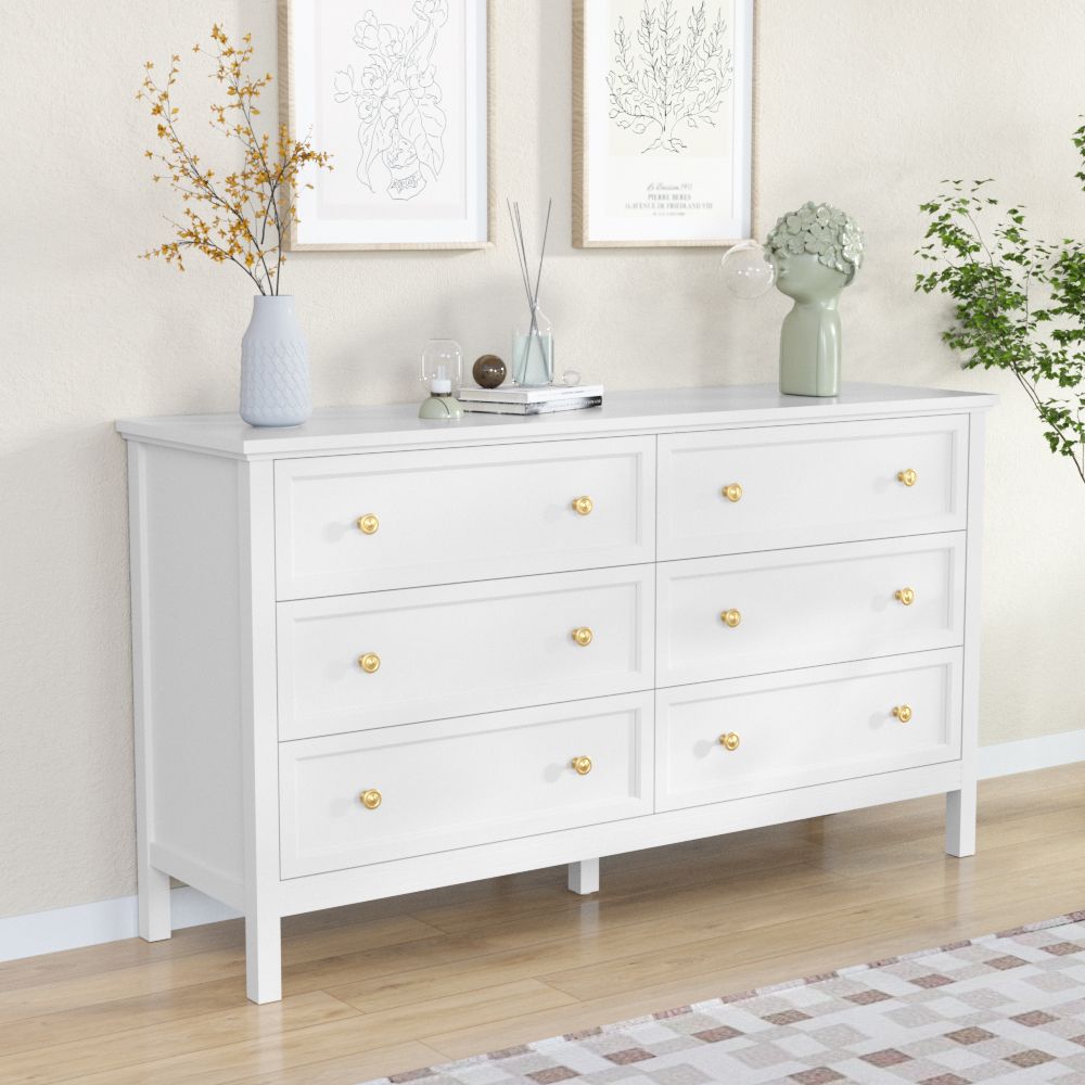 6 Drawer Dresser For Bedroom, Wood Storage Cabinet With Black Handles, Modern Closet Of Drawers for Living Room - Comfortable Living Decor