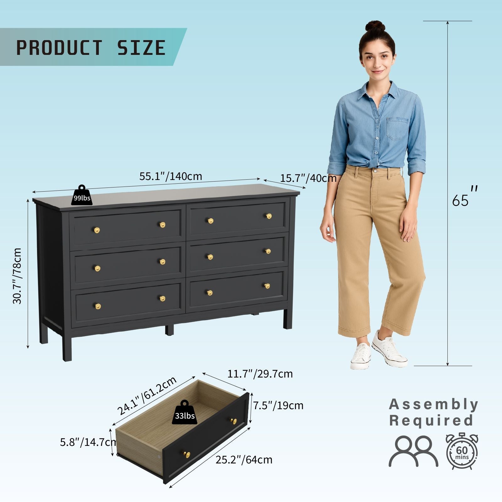6 Drawer Dresser For Bedroom, Wood Storage Cabinet With Black Handles, Modern Closet Of Drawers for Living Room - Comfortable Living Decor