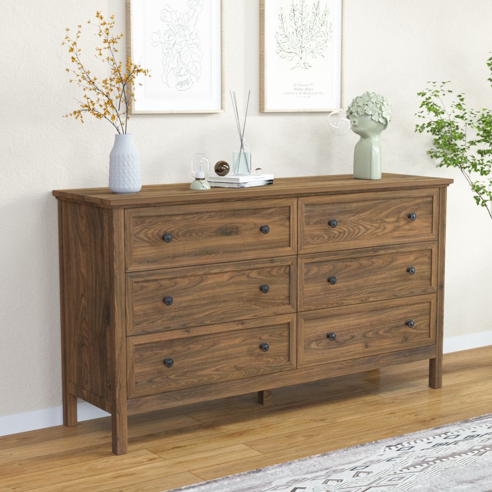 6 Drawer Dresser For Bedroom, Wood Storage Cabinet With Black Handles, Modern Closet Of Drawers for Living Room - Comfortable Living Decor