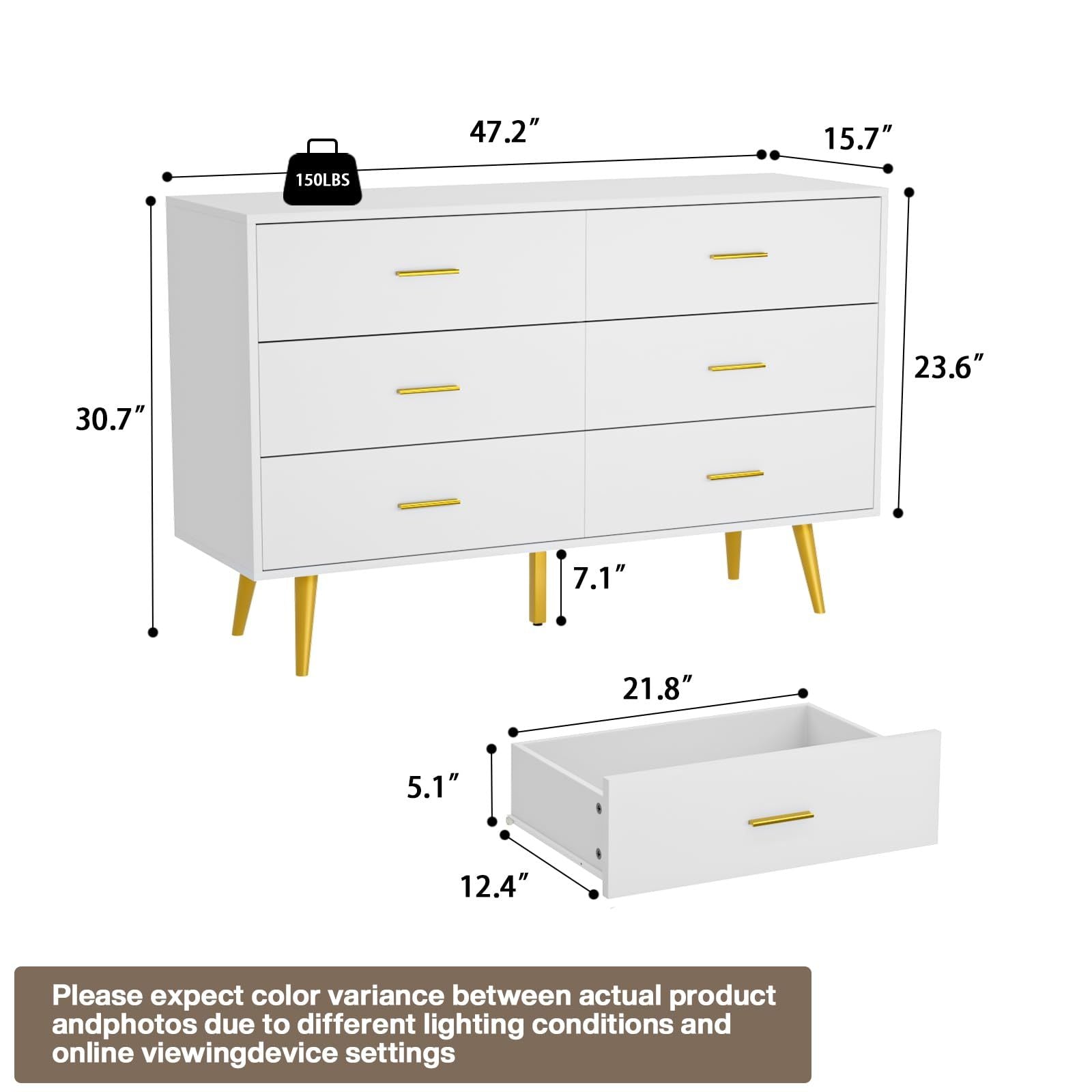 6 Drawer Dresser For Bedroom, Wood Storage Cabinet With Black Handles, Modern Closet Of Drawers for Living Room - Comfortable Living Decor