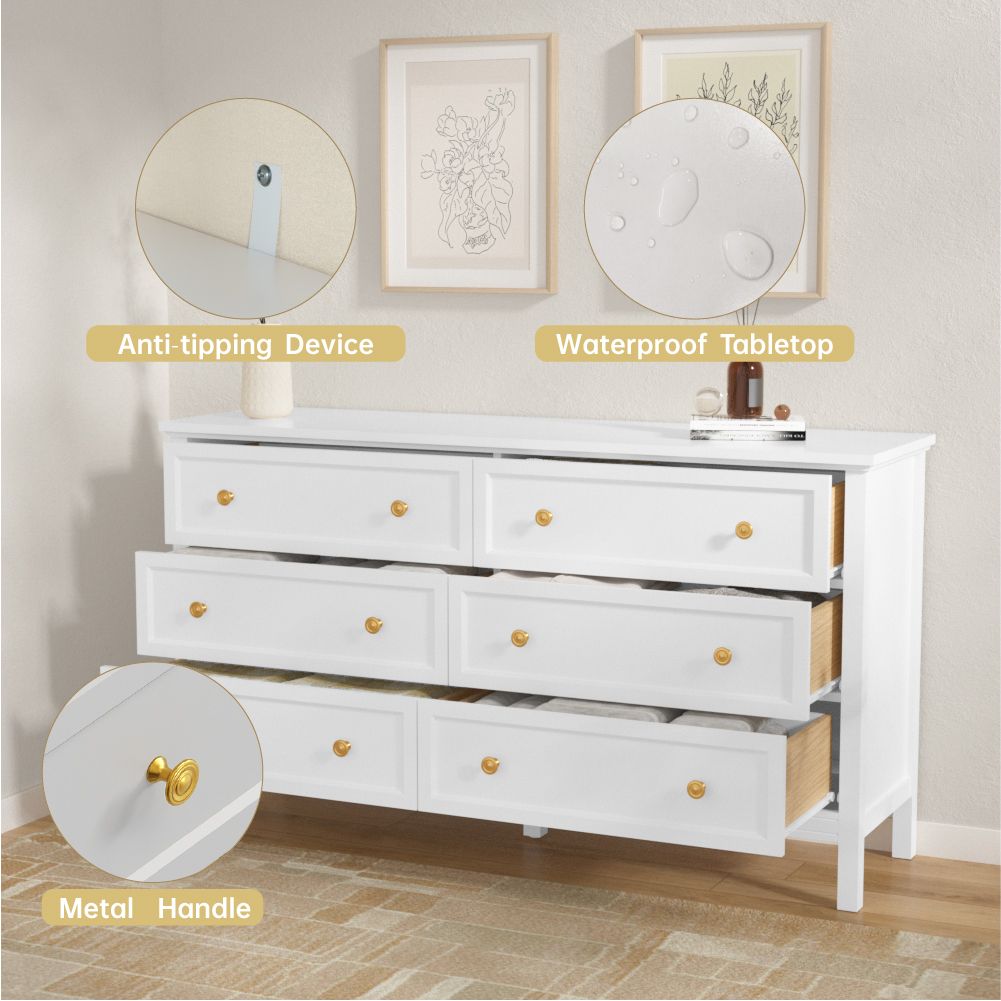 6 Drawer Dresser For Bedroom, Wood Storage Cabinet With Black Handles, Modern Closet Of Drawers for Living Room - Comfortable Living Decor