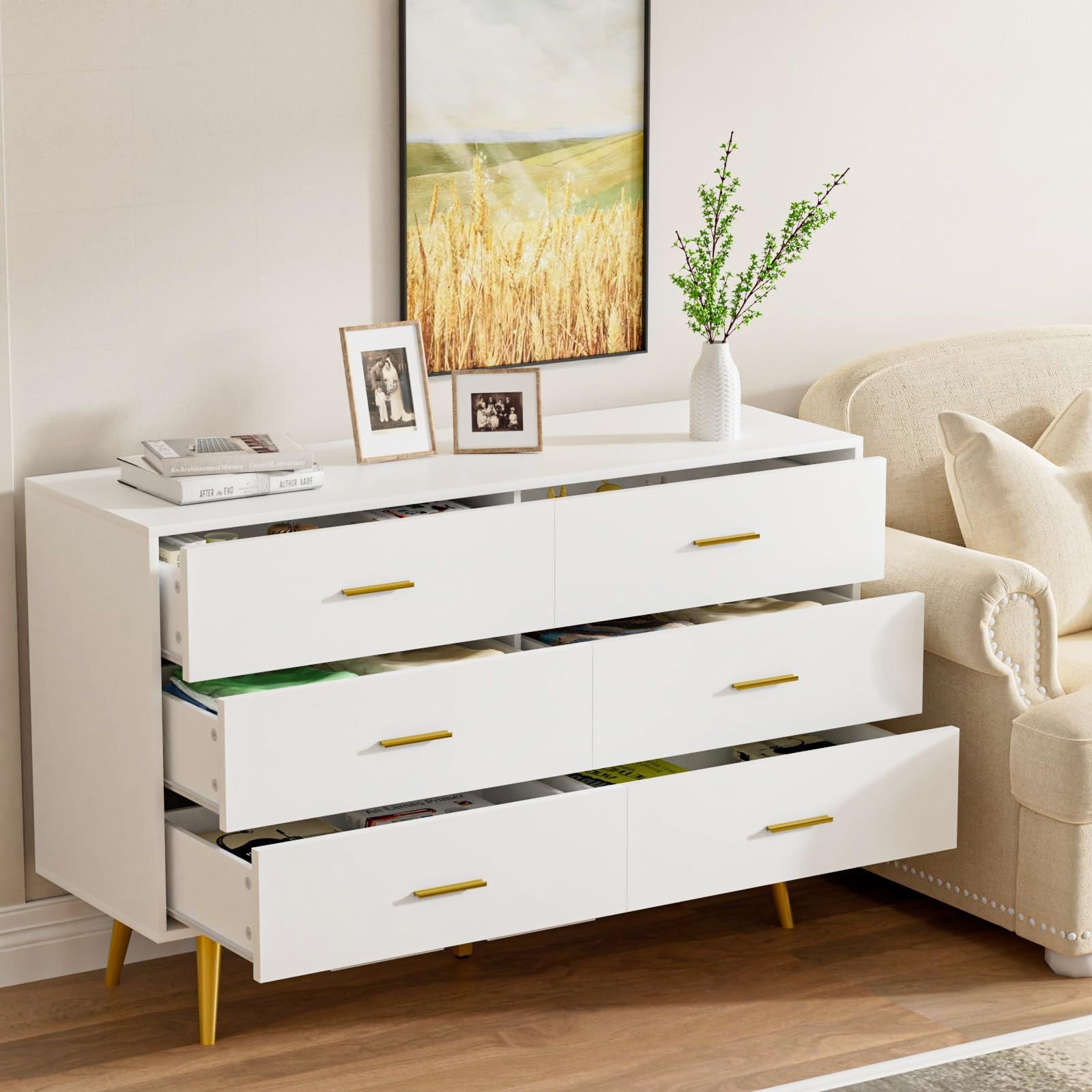 6 Drawer Dresser For Bedroom, Wood Storage Cabinet With Black Handles, Modern Closet Of Drawers for Living Room - Comfortable Living Decor
