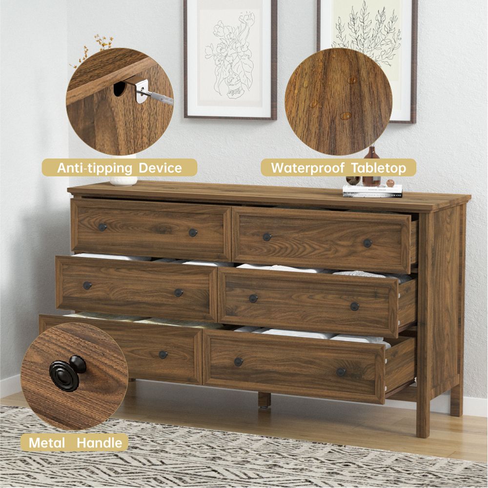 6 Drawer Dresser For Bedroom, Wood Storage Cabinet With Black Handles, Modern Closet Of Drawers for Living Room - Comfortable Living Decor