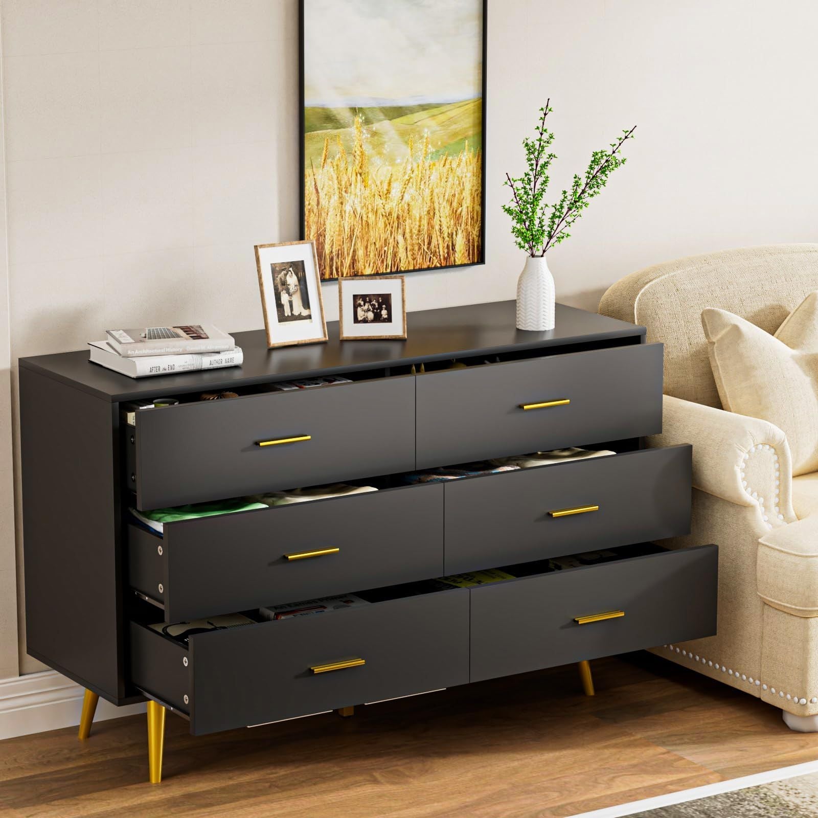 6 Drawer Dresser For Bedroom, Wood Storage Cabinet With Black Handles, Modern Closet Of Drawers for Living Room - Comfortable Living Decor