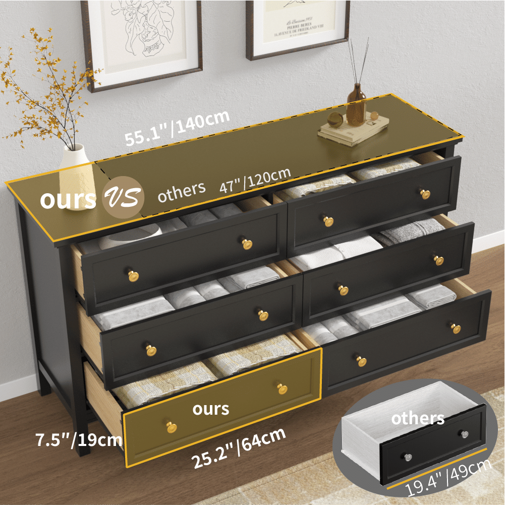 6 Drawer Dresser For Bedroom, Wood Storage Cabinet With Black Handles, Modern Closet Of Drawers for Living Room - Comfortable Living Decor