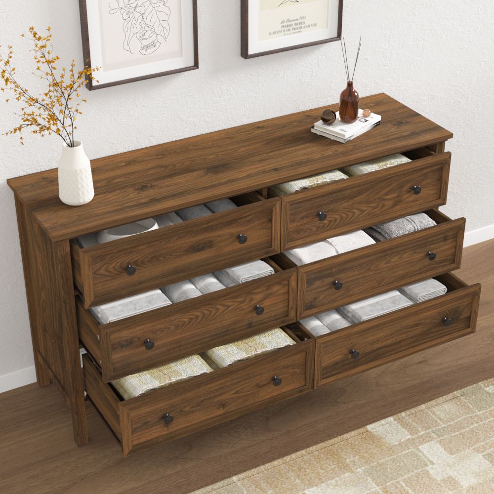 6 Drawer Dresser For Bedroom, Wood Storage Cabinet With Black Handles, Modern Closet Of Drawers for Living Room - Comfortable Living Decor