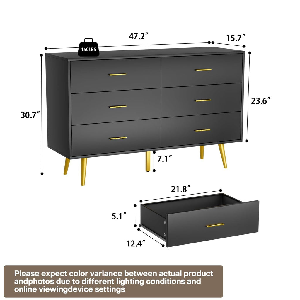 6 Drawer Dresser For Bedroom, Wood Storage Cabinet With Black Handles, Modern Closet Of Drawers for Living Room - Comfortable Living Decor