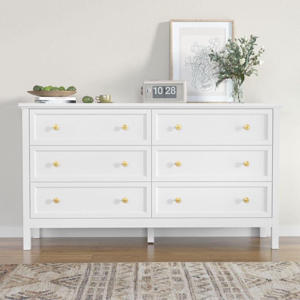 6 Drawer Dresser For Bedroom, Wood Storage Cabinet With Black Handles, Modern Closet Of Drawers for Living Room - Comfortable Living Decor