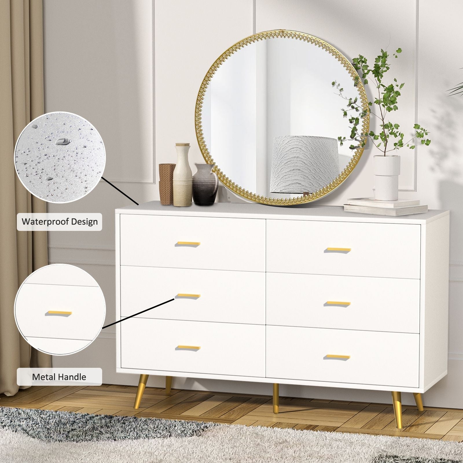 6 Drawer Dresser For Bedroom, Wood Storage Cabinet With Black Handles, Modern Closet Of Drawers for Living Room - Comfortable Living Decor