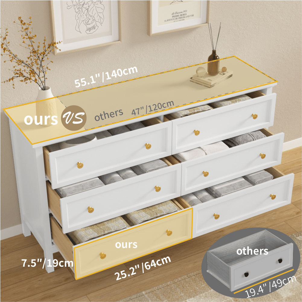 6 Drawer Dresser For Bedroom, Wood Storage Cabinet With Black Handles, Modern Closet Of Drawers for Living Room - Comfortable Living Decor