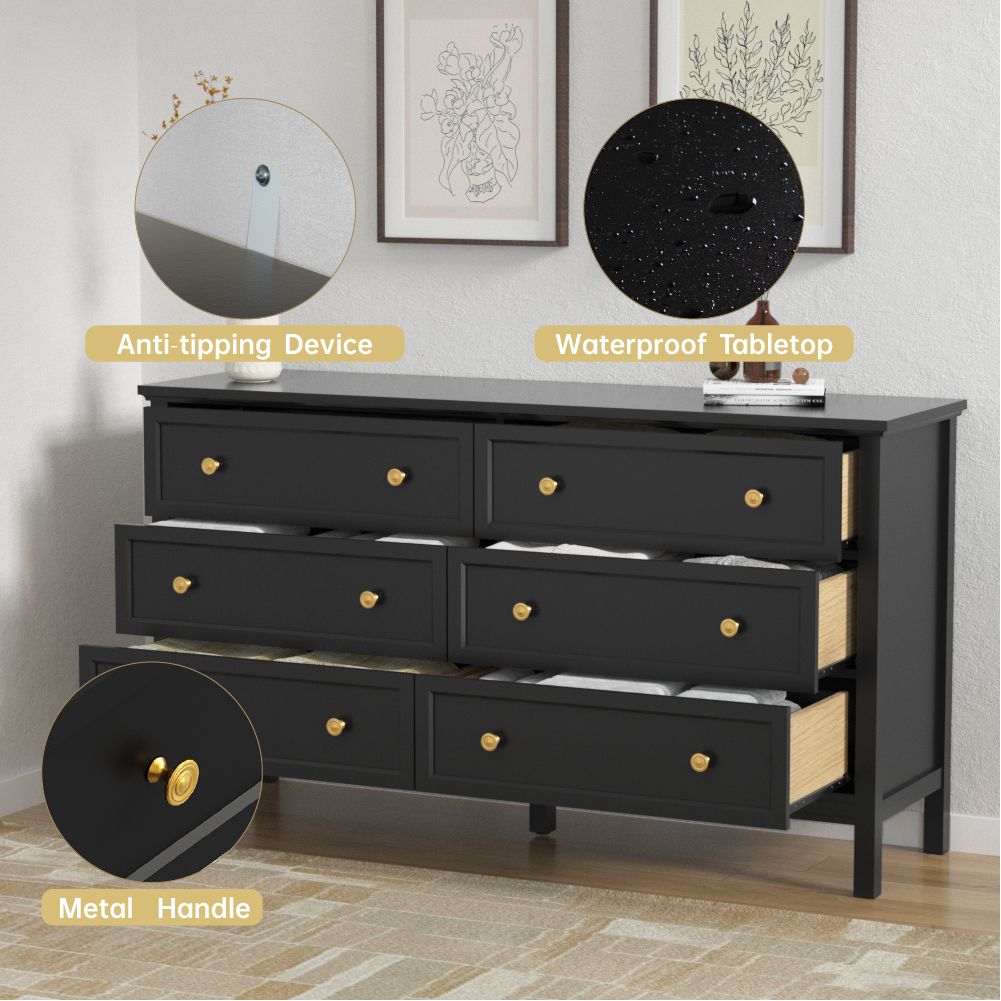 6 Drawer Dresser For Bedroom, Wood Storage Cabinet With Black Handles, Modern Closet Of Drawers for Living Room - Comfortable Living Decor