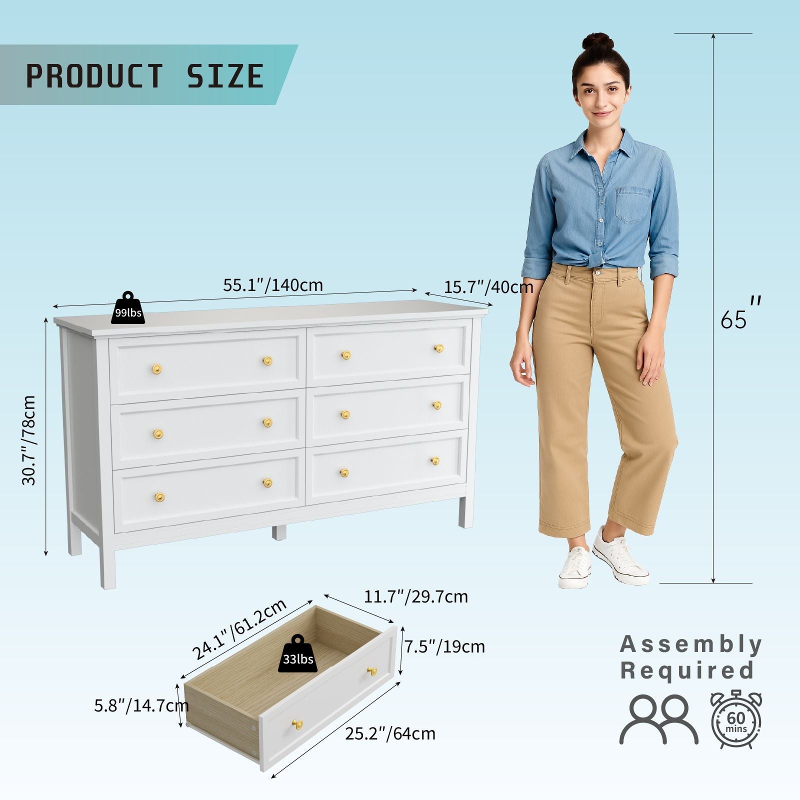 6 Drawer Dresser For Bedroom, Wood Storage Cabinet With Black Handles, Modern Closet Of Drawers for Living Room - Comfortable Living Decor