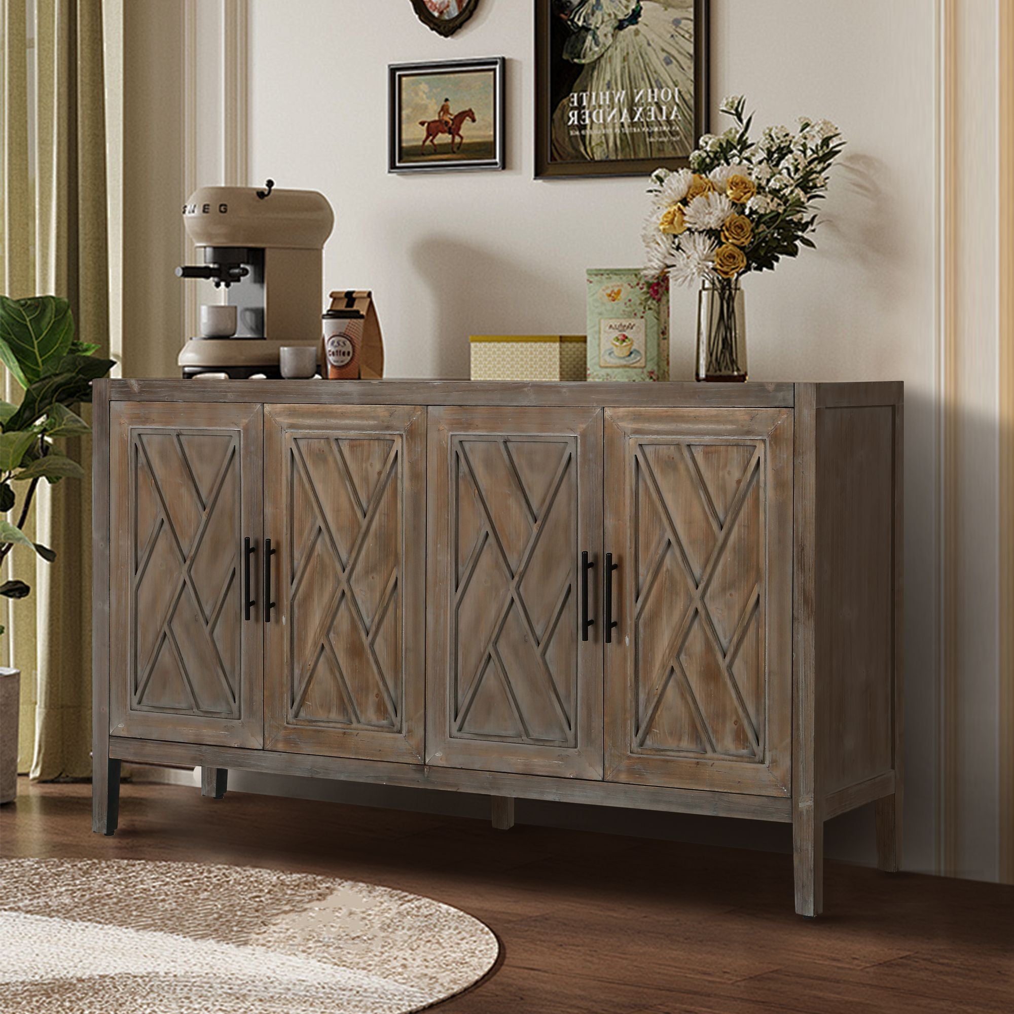 60 inches Modern Farmhouse Accent Cabinet with 4 Doors and Adjustable Shelf Wood Sideboard Buffet Cabinet Console Table Credenza Buffet Table for Kitchen Dining Room Entryway Hallway(Antique Brown) - Comfortable Living Decor