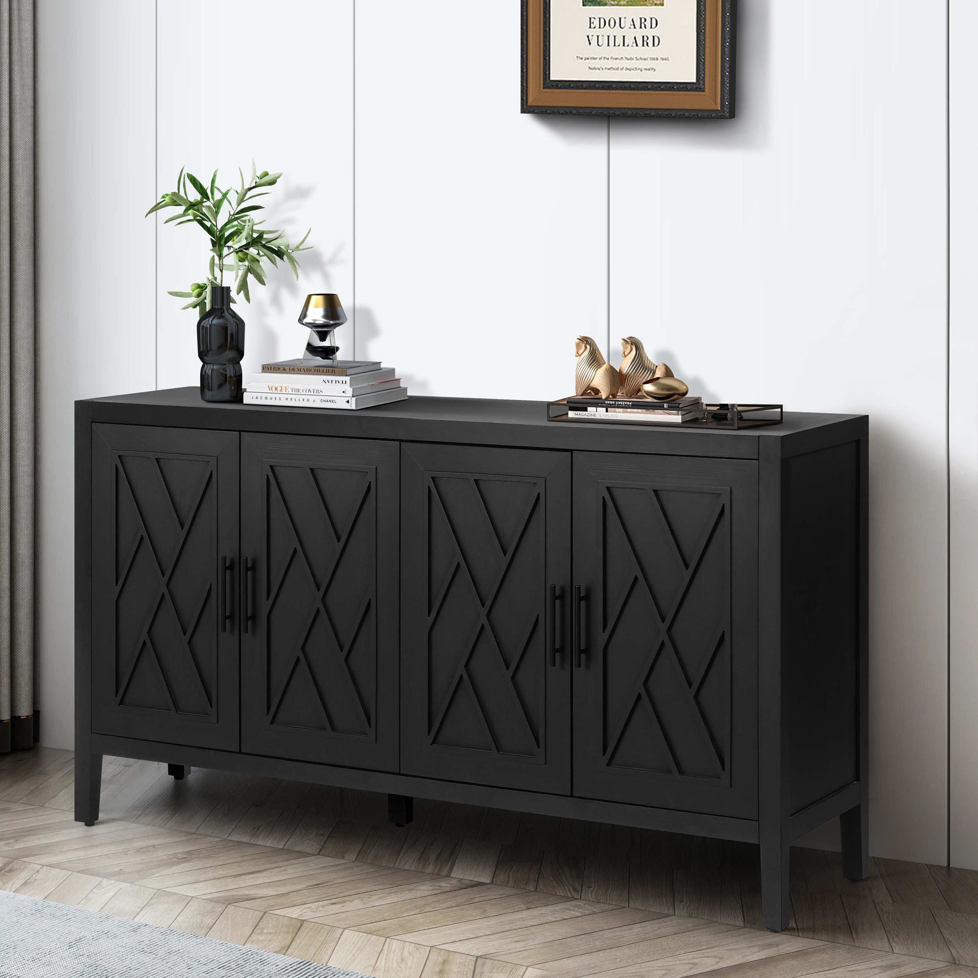 60 inches Modern Farmhouse Accent Cabinet with 4 Doors and Adjustable Shelf Wood Sideboard Buffet Cabinet Console Table Credenza Buffet Table for Kitchen Dining Room Entryway Hallway(Antique Black) - Comfortable Living Decor