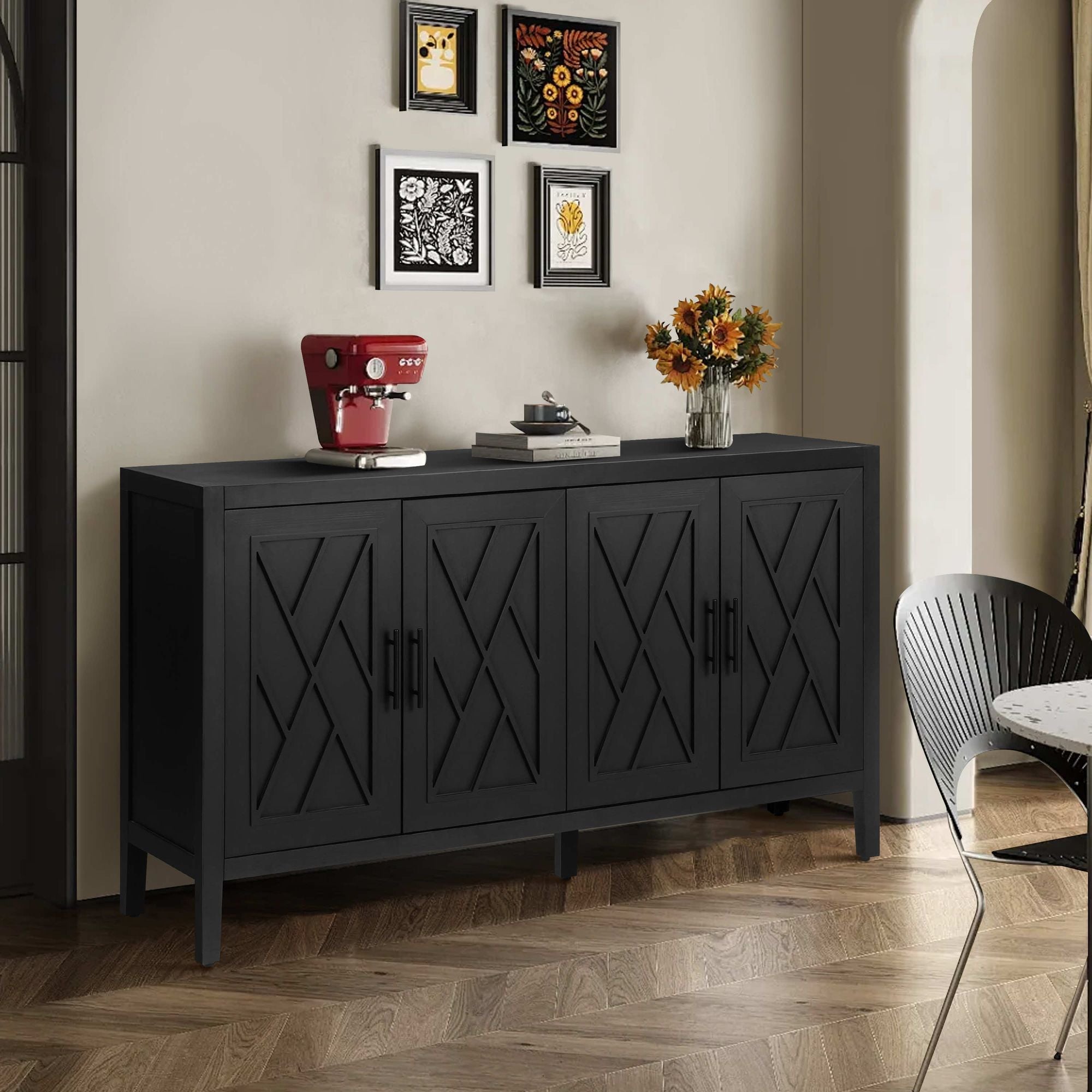 60 inches Modern Farmhouse Accent Cabinet with 4 Doors and Adjustable Shelf Wood Sideboard Buffet Cabinet Console Table Credenza Buffet Table for Kitchen Dining Room Entryway Hallway(Antique Black) - Comfortable Living Decor