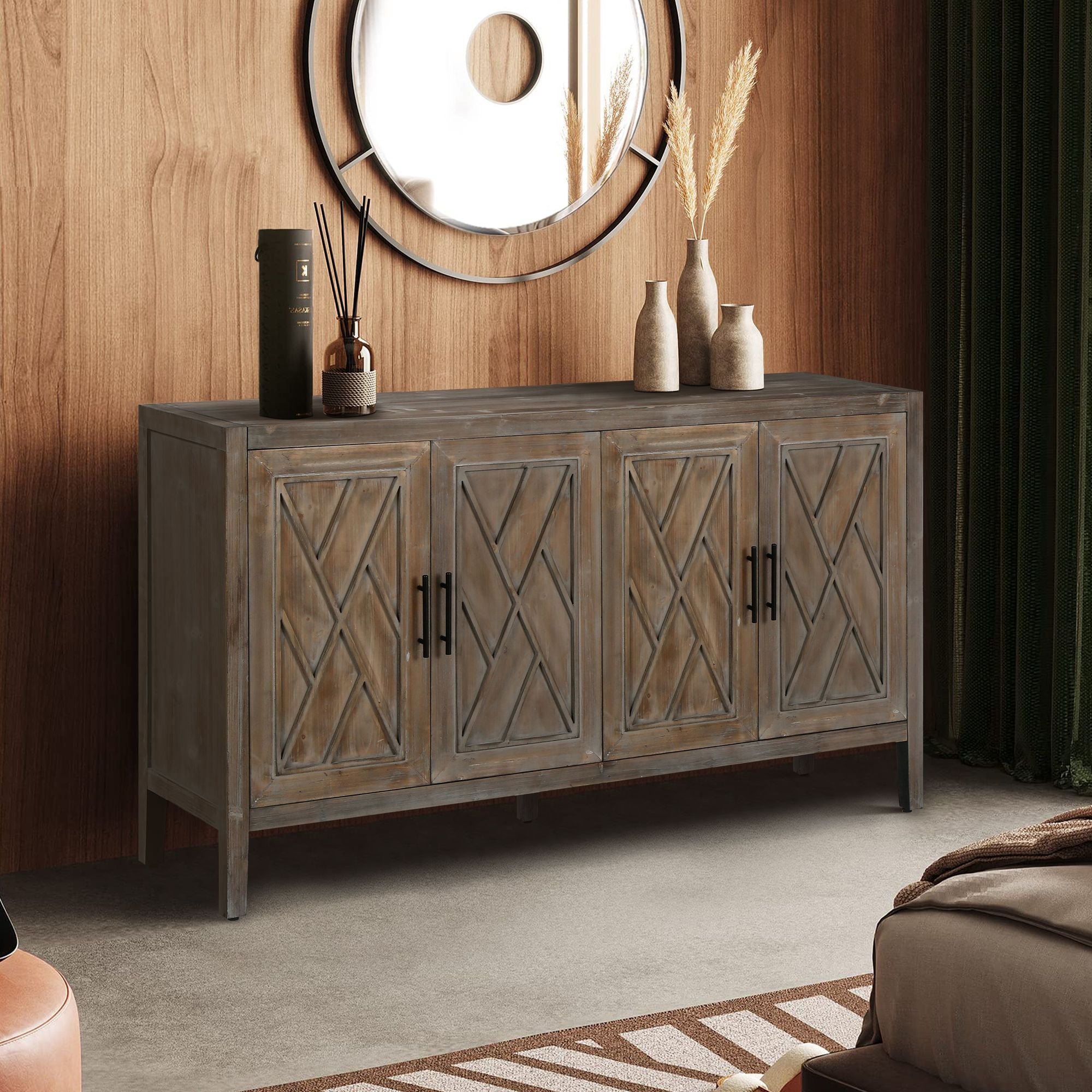 60 inches Modern Farmhouse Accent Cabinet with 4 Doors and Adjustable Shelf Wood Sideboard Buffet Cabinet Console Table Credenza Buffet Table for Kitchen Dining Room Entryway Hallway(Antique Brown) - Comfortable Living Decor