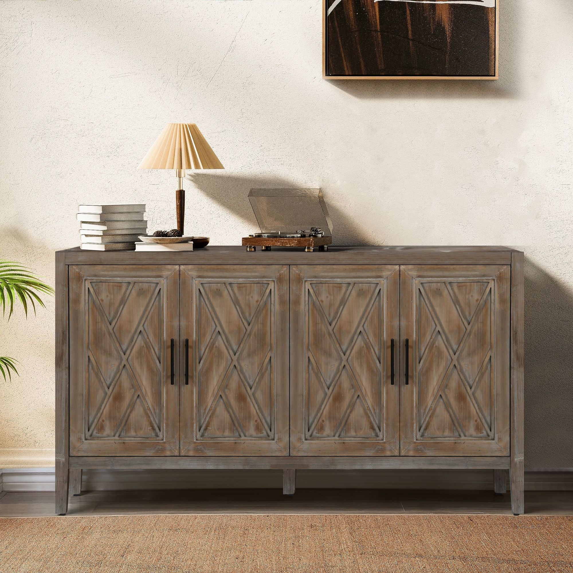60 inches Modern Farmhouse Accent Cabinet with 4 Doors and Adjustable Shelf Wood Sideboard Buffet Cabinet Console Table Credenza Buffet Table for Kitchen Dining Room Entryway Hallway(Antique Brown) - Comfortable Living Decor