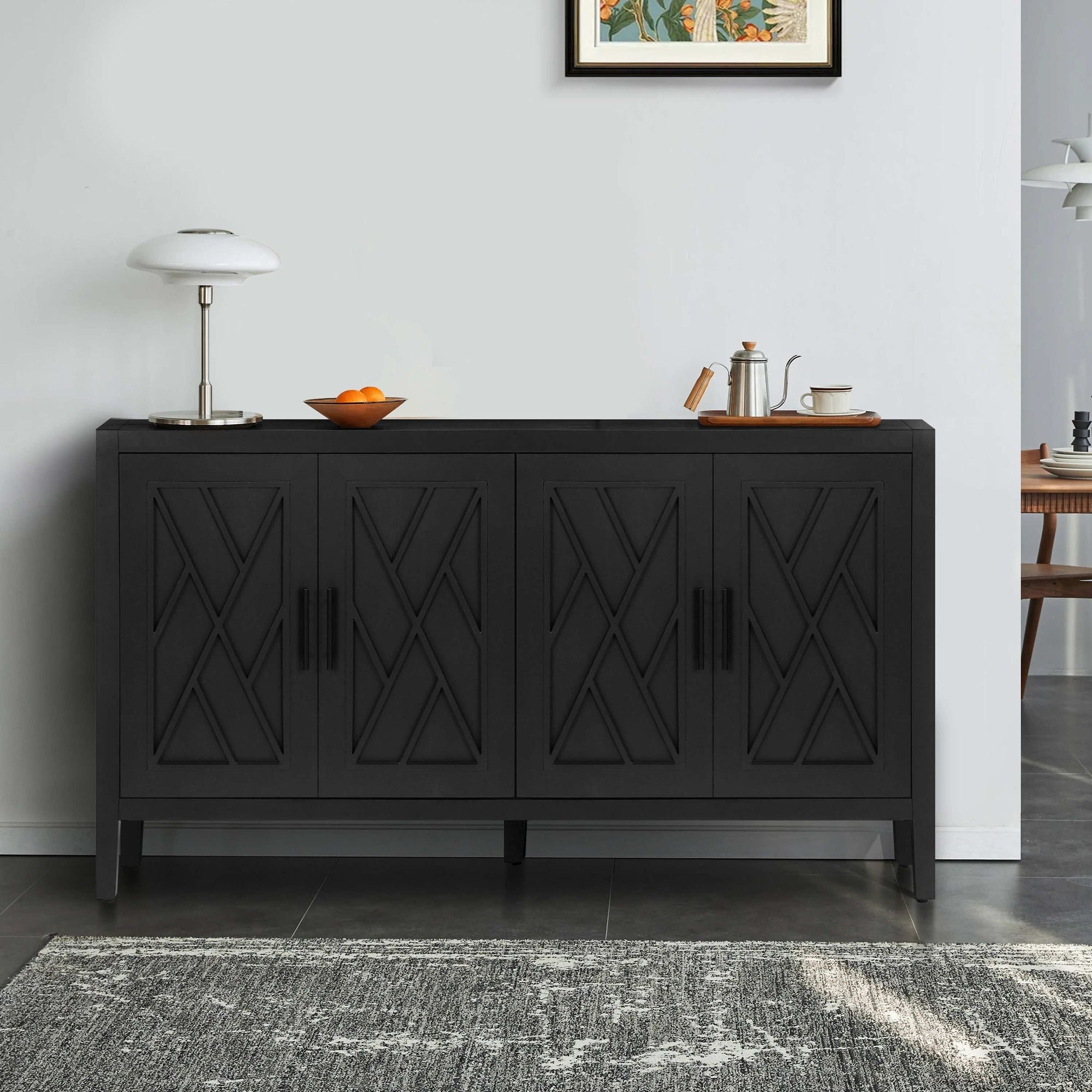 60 inches Modern Farmhouse Accent Cabinet with 4 Doors and Adjustable Shelf Wood Sideboard Buffet Cabinet Console Table Credenza Buffet Table for Kitchen Dining Room Entryway Hallway(Antique Black) - Comfortable Living Decor
