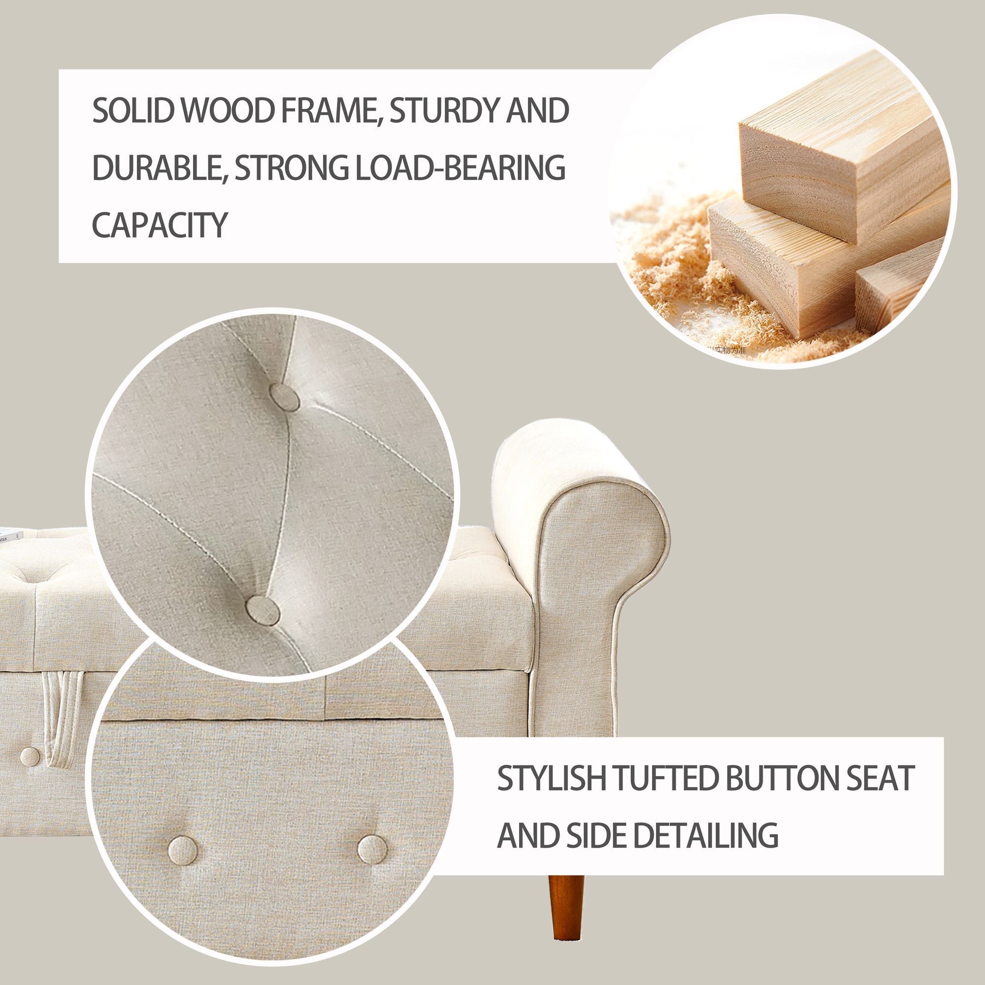 62" Bedroom Tufted Button Storage Bench, Modern Fabric Upholstered Ottoman, Window Bench, Rolled Arm Design for Bedroom, Living Room, Foyer (Beige) - Comfortable Living Decor