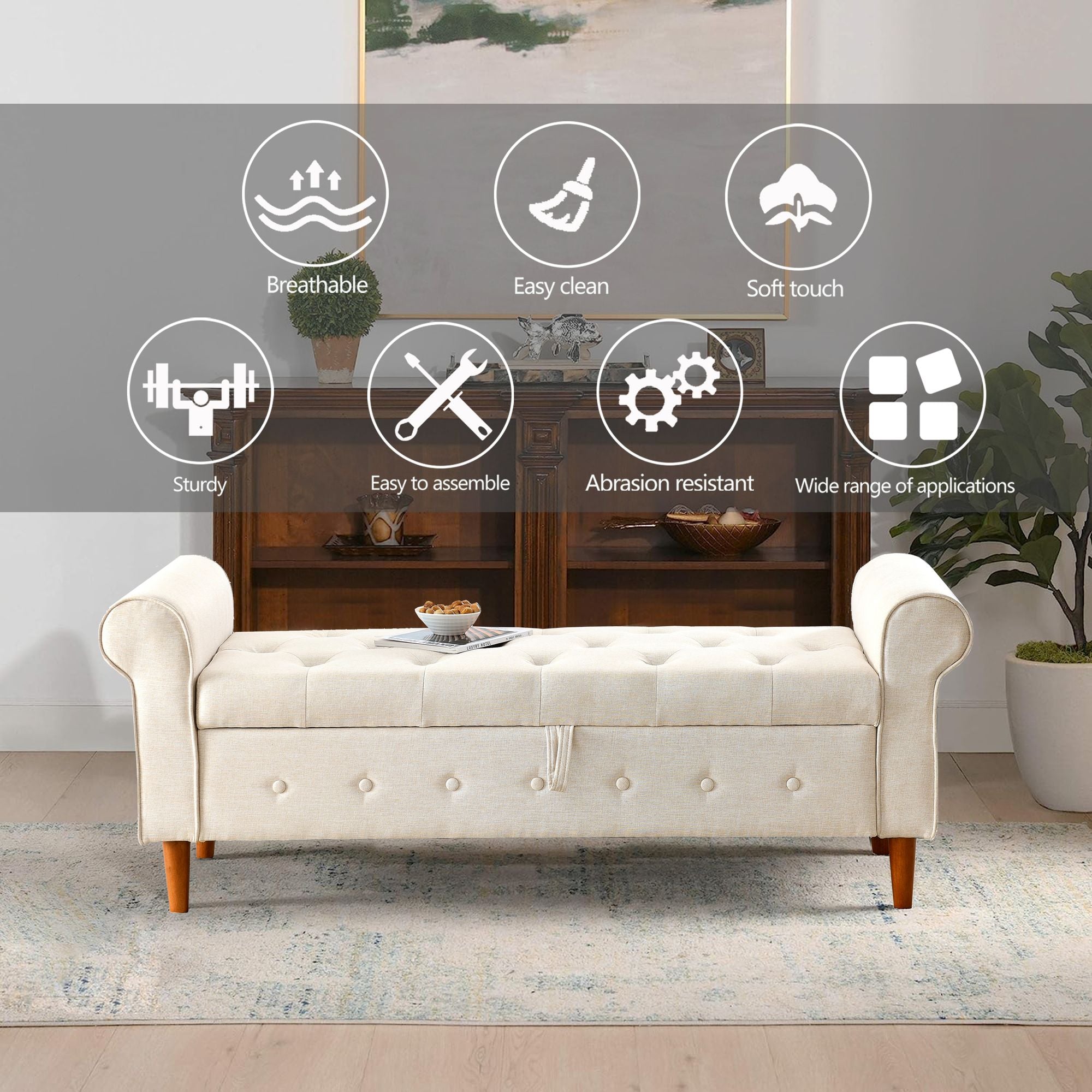 62" Bedroom Tufted Button Storage Bench, Modern Fabric Upholstered Ottoman, Window Bench, Rolled Arm Design for Bedroom, Living Room, Foyer (Beige) - Comfortable Living Decor