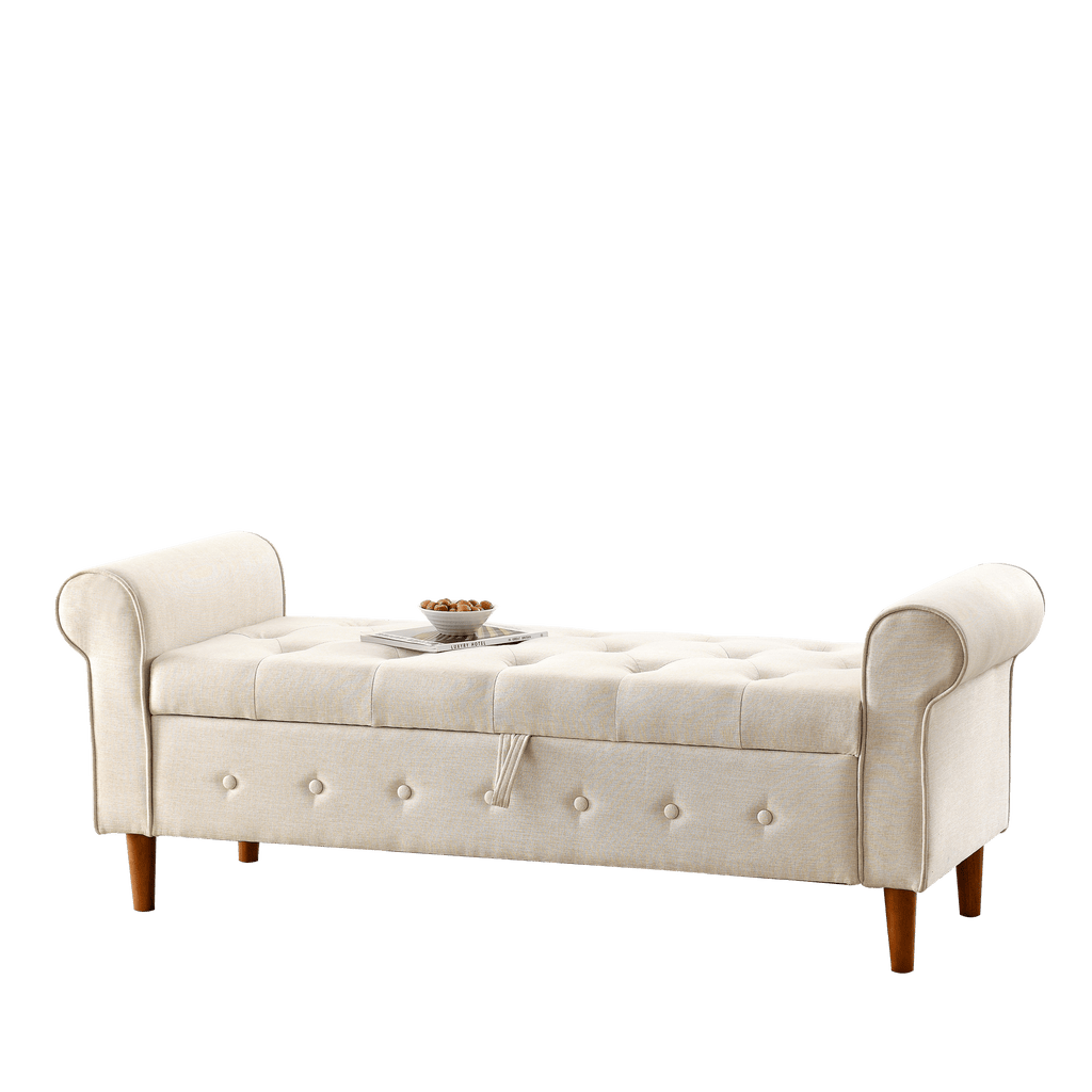 62" Bedroom Tufted Button Storage Bench, Modern Fabric Upholstered Ottoman, Window Bench, Rolled Arm Design for Bedroom, Living Room, Foyer (Beige) - Comfortable Living Decor