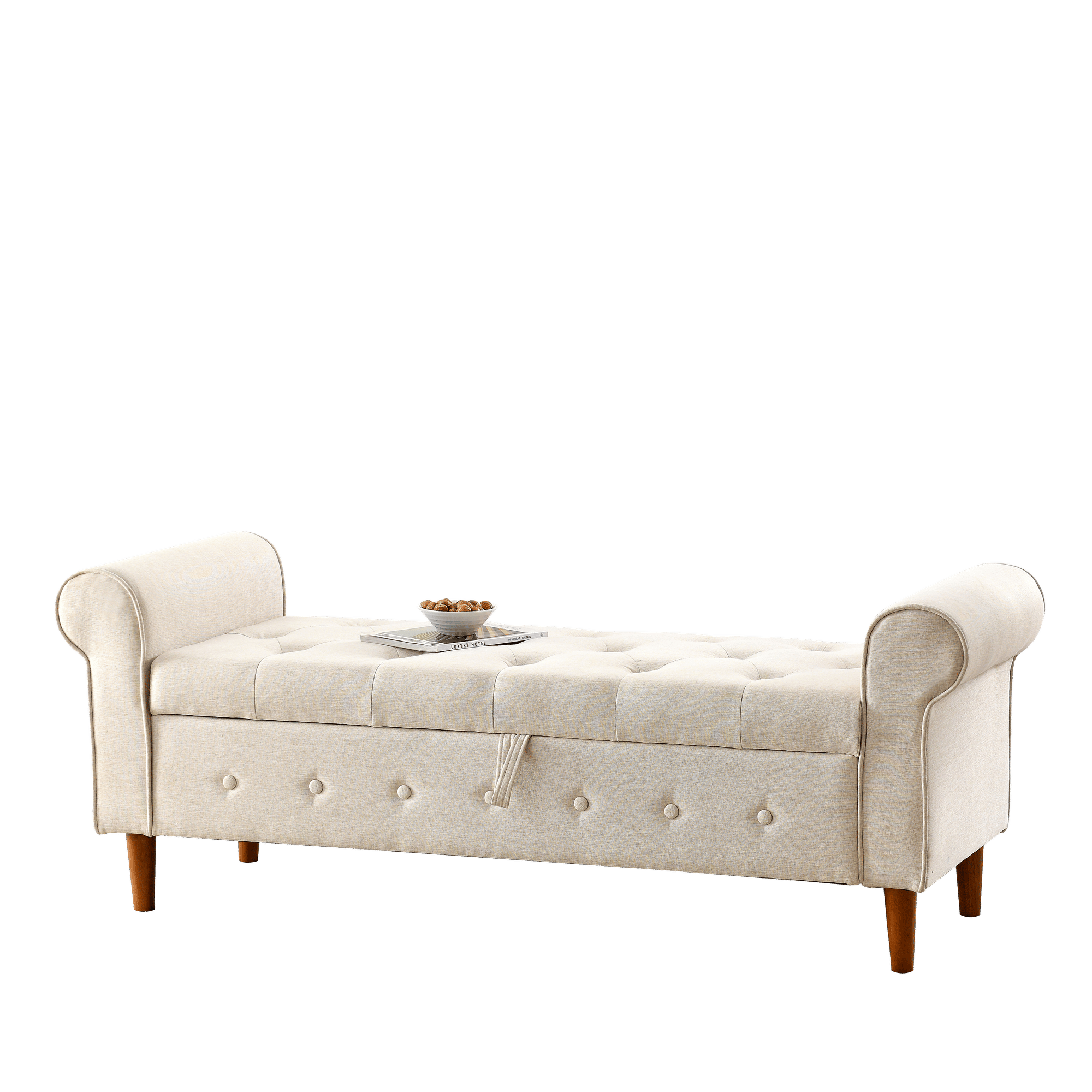 62" Bedroom Tufted Button Storage Bench, Modern Fabric Upholstered Ottoman, Window Bench, Rolled Arm Design for Bedroom, Living Room, Foyer (Beige) - Comfortable Living Decor