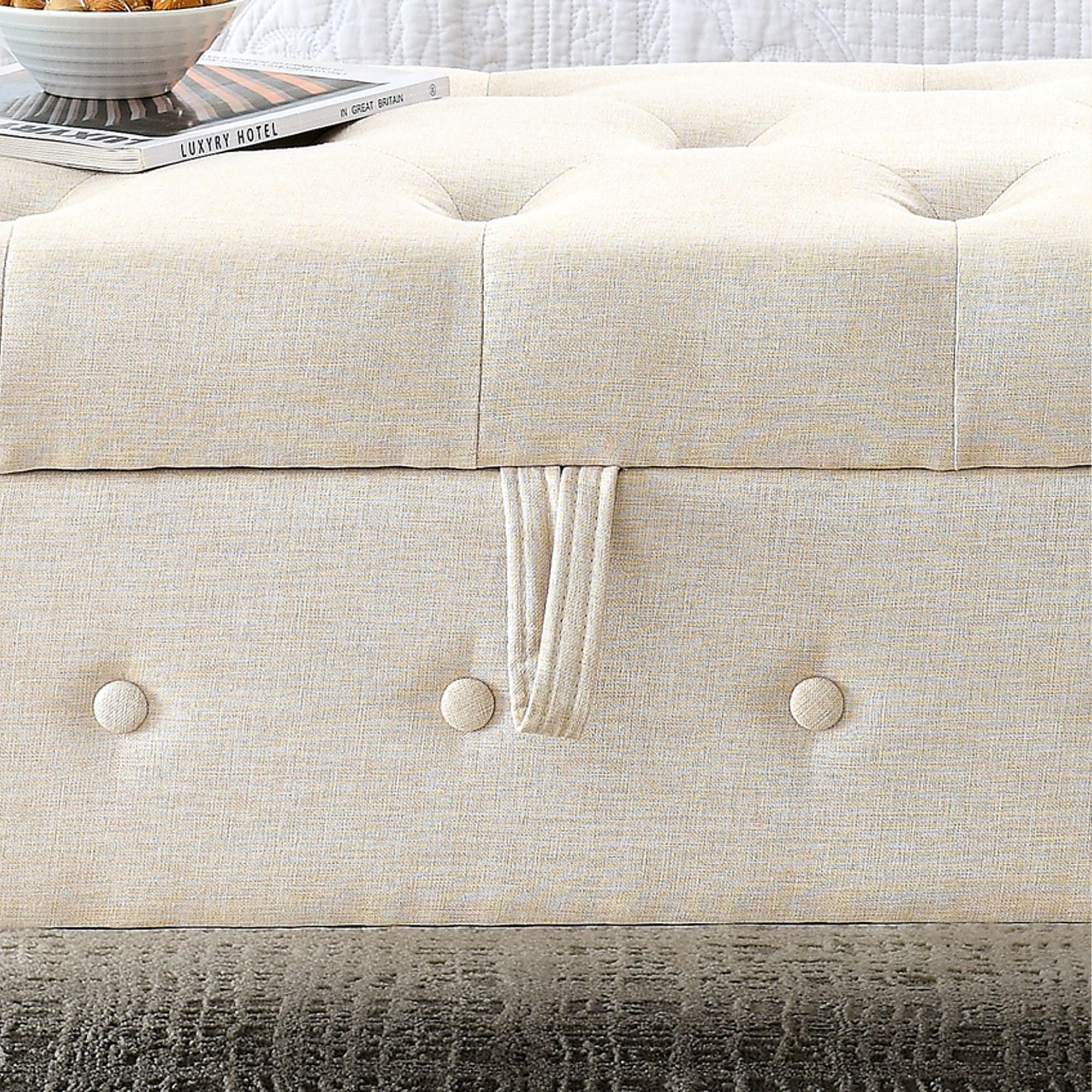 62" Bedroom Tufted Button Storage Bench, Modern Fabric Upholstered Ottoman, Window Bench, Rolled Arm Design for Bedroom, Living Room, Foyer (Beige) - Comfortable Living Decor