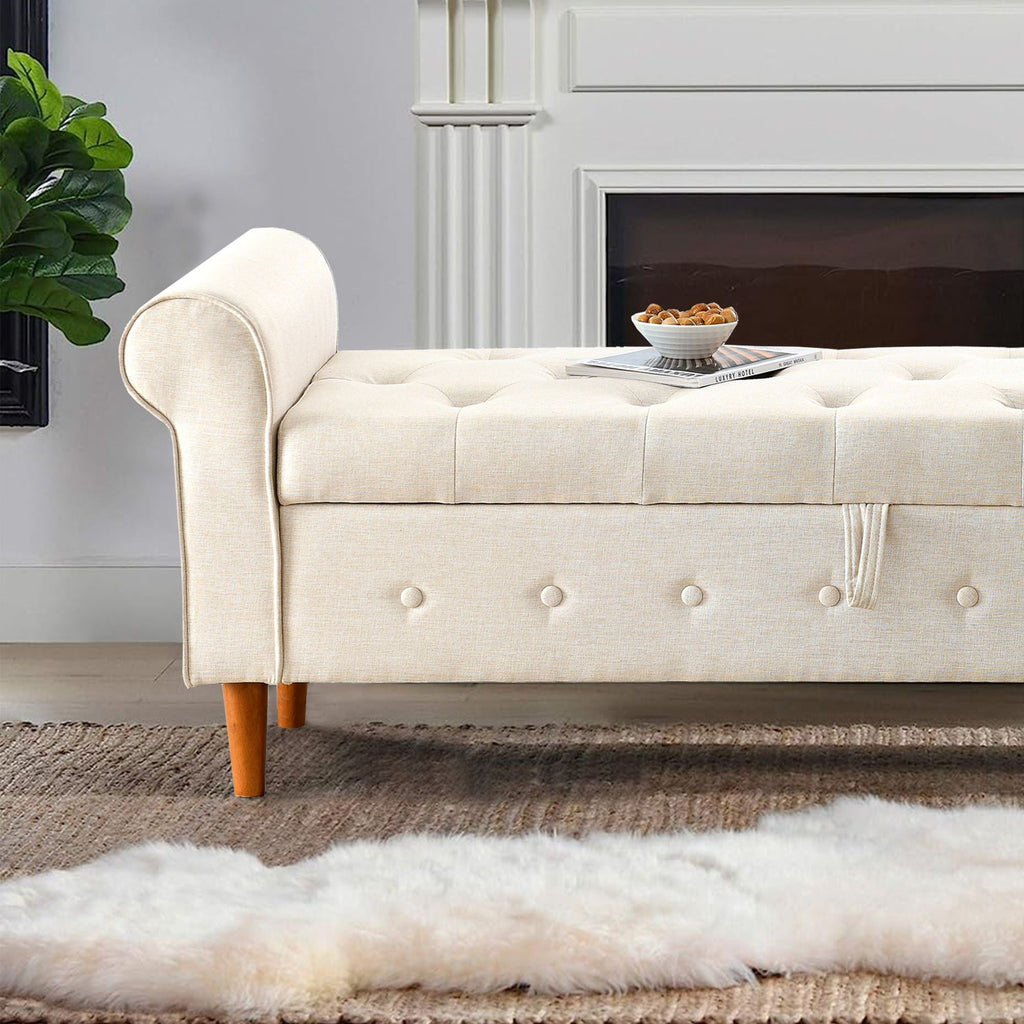 62" Bedroom Tufted Button Storage Bench, Modern Fabric Upholstered Ottoman, Window Bench, Rolled Arm Design for Bedroom, Living Room, Foyer (Beige) - Comfortable Living Decor