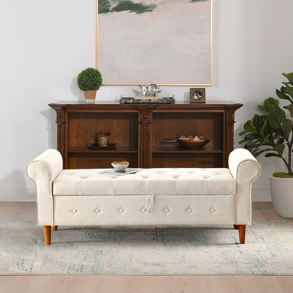 62" Bedroom Tufted Button Storage Bench, Modern Fabric Upholstered Ottoman, Window Bench, Rolled Arm Design for Bedroom, Living Room, Foyer (Beige) - Comfortable Living Decor