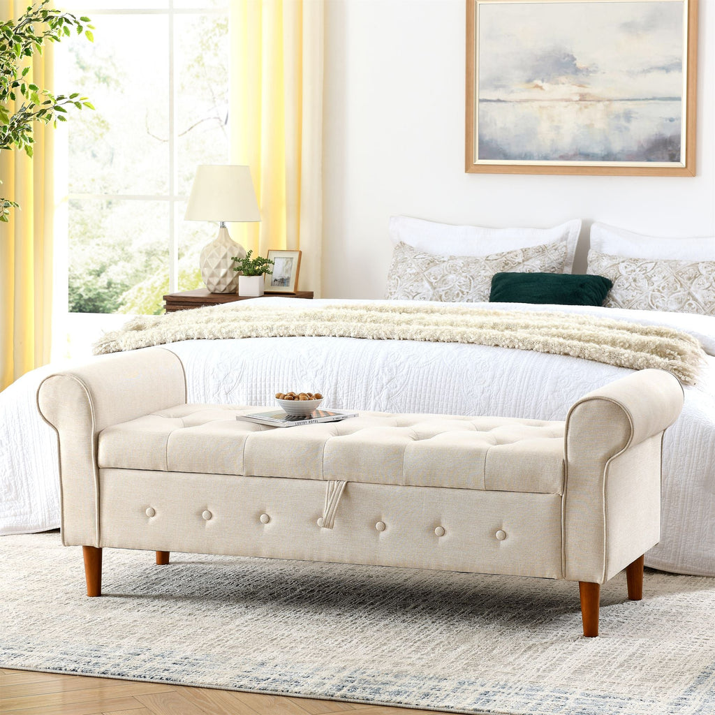 62" Bedroom Tufted Button Storage Bench, Modern Fabric Upholstered Ottoman, Window Bench, Rolled Arm Design for Bedroom, Living Room, Foyer (Beige) - Comfortable Living Decor