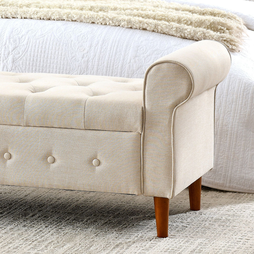 62" Bedroom Tufted Button Storage Bench, Modern Fabric Upholstered Ottoman, Window Bench, Rolled Arm Design for Bedroom, Living Room, Foyer (Beige) - Comfortable Living Decor