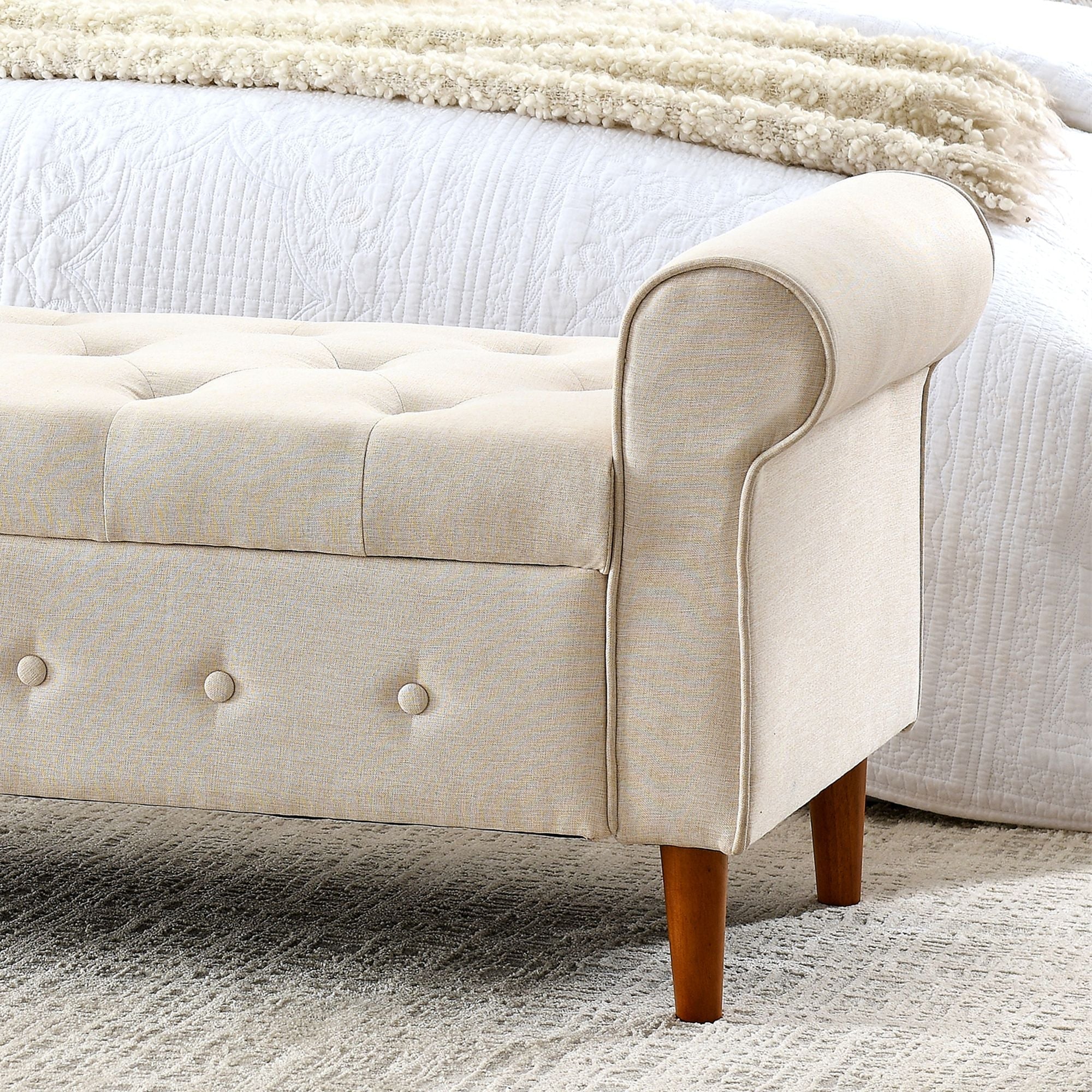 62" Bedroom Tufted Button Storage Bench, Modern Fabric Upholstered Ottoman, Window Bench, Rolled Arm Design for Bedroom, Living Room, Foyer (Beige) - Comfortable Living Decor