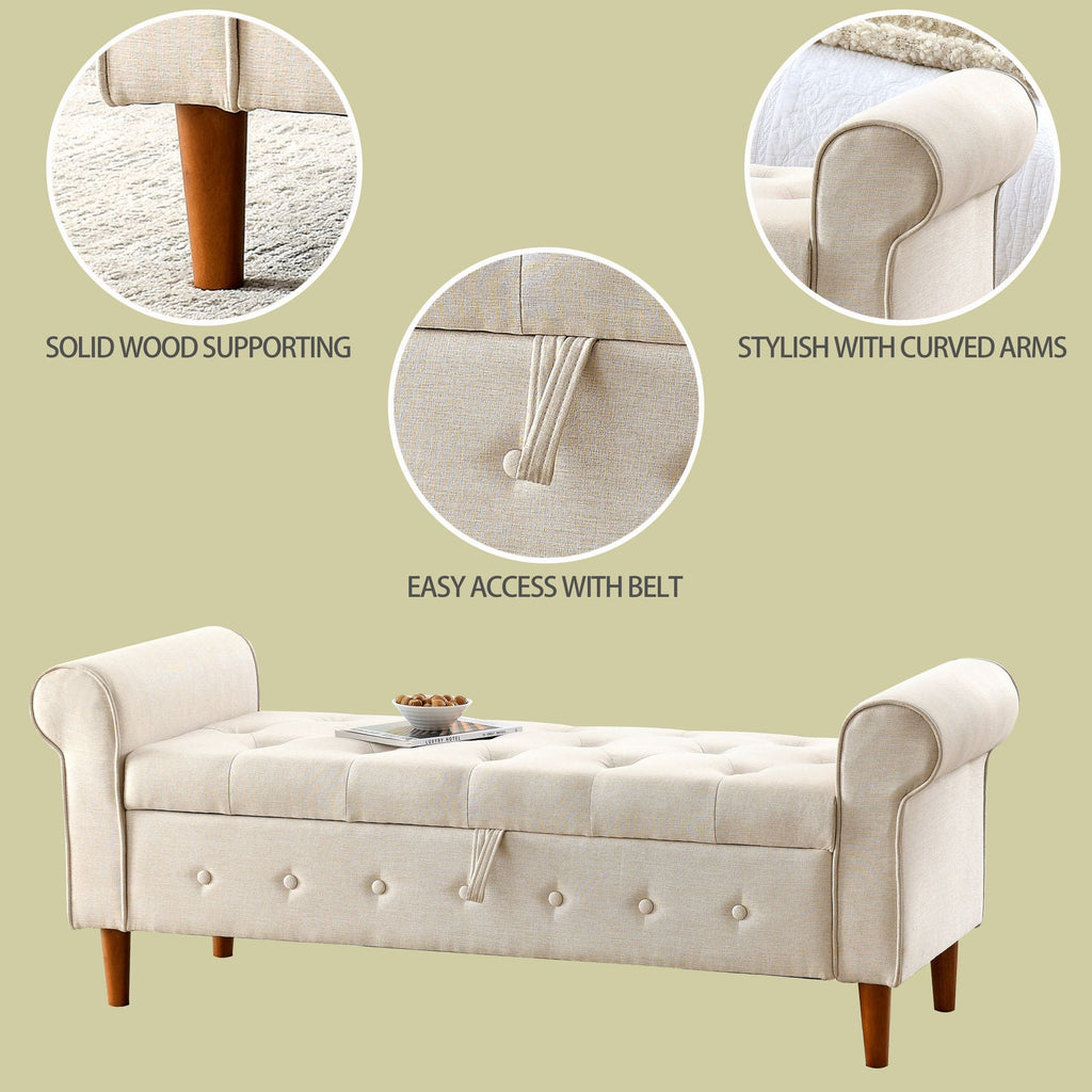 62" Bedroom Tufted Button Storage Bench, Modern Fabric Upholstered Ottoman, Window Bench, Rolled Arm Design for Bedroom, Living Room, Foyer (Beige) - Comfortable Living Decor