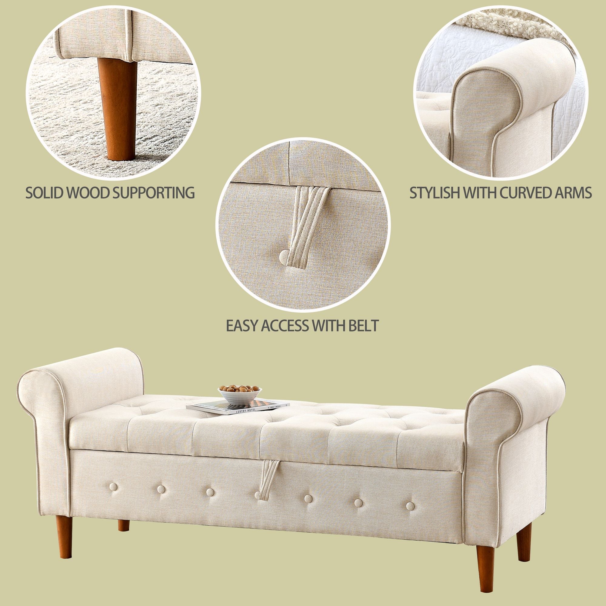 62" Bedroom Tufted Button Storage Bench, Modern Fabric Upholstered Ottoman, Window Bench, Rolled Arm Design for Bedroom, Living Room, Foyer (Beige) - Comfortable Living Decor