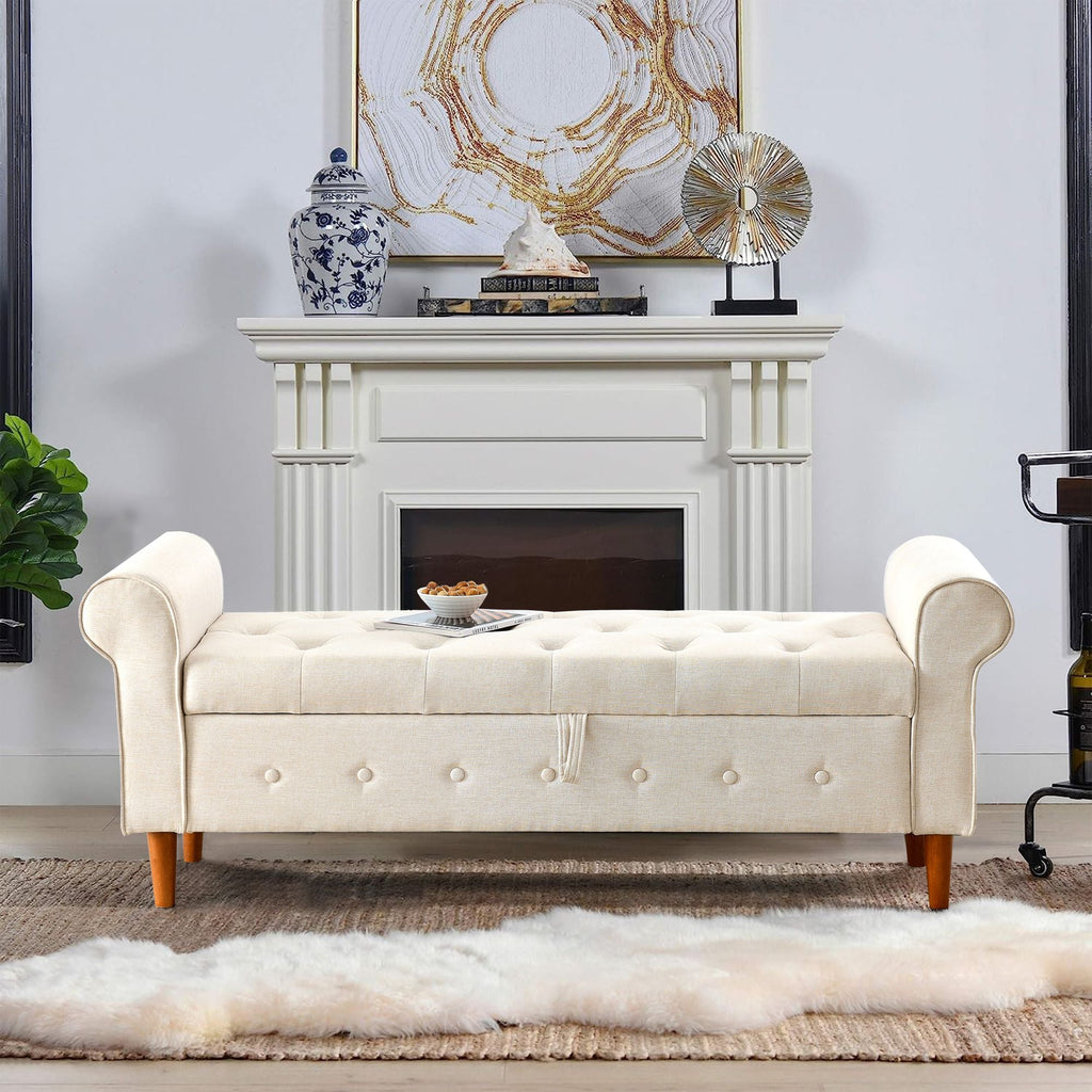 62" Bedroom Tufted Button Storage Bench, Modern Fabric Upholstered Ottoman, Window Bench, Rolled Arm Design for Bedroom, Living Room, Foyer (Beige) - Comfortable Living Decor