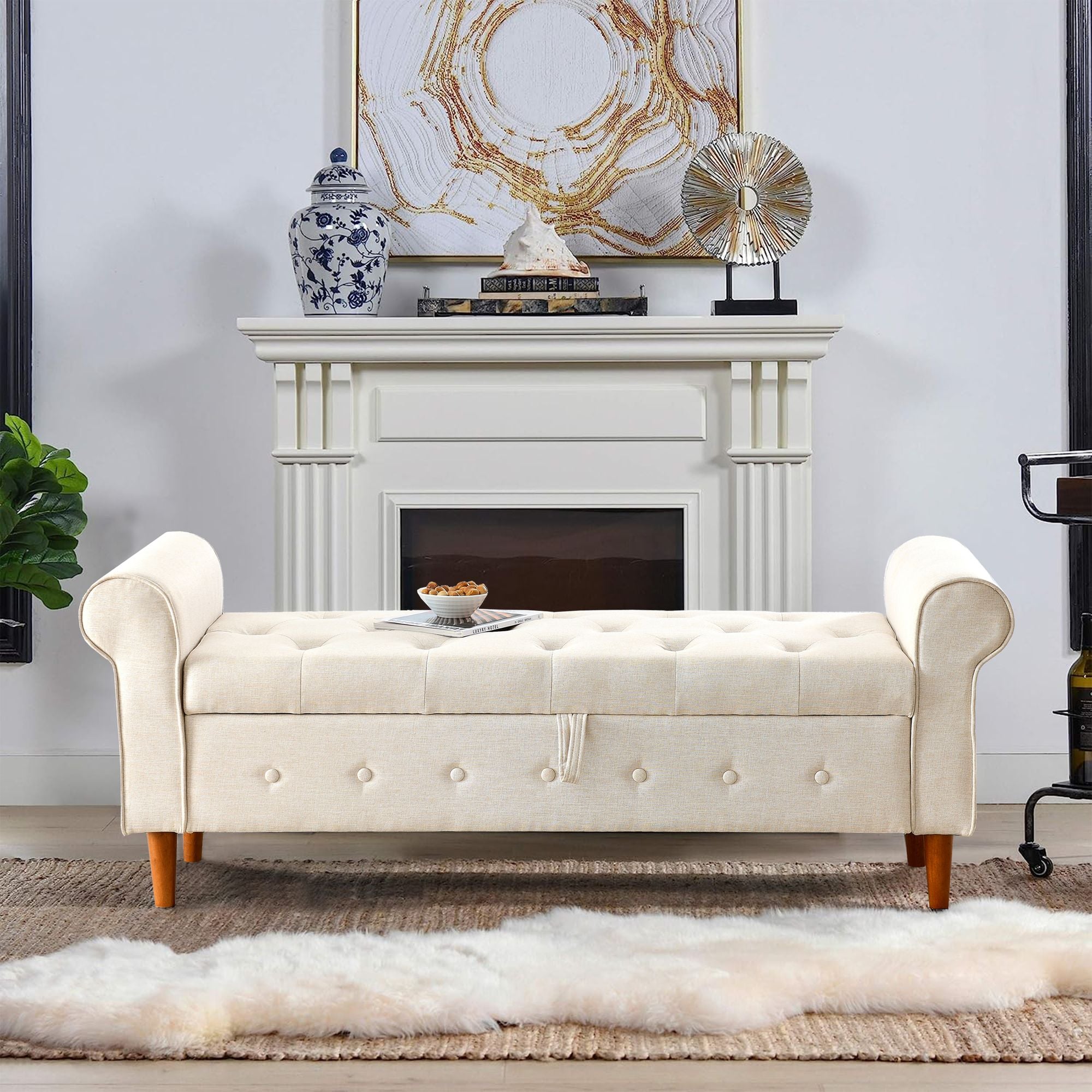 62" Bedroom Tufted Button Storage Bench, Modern Fabric Upholstered Ottoman, Window Bench, Rolled Arm Design for Bedroom, Living Room, Foyer (Beige) - Comfortable Living Decor