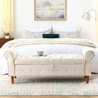 62" Bedroom Tufted Button Storage Bench, Modern Fabric Upholstered Ottoman, Window Bench, Rolled Arm Design for Bedroom, Living Room, Foyer (Beige) - Comfortable Living Decor