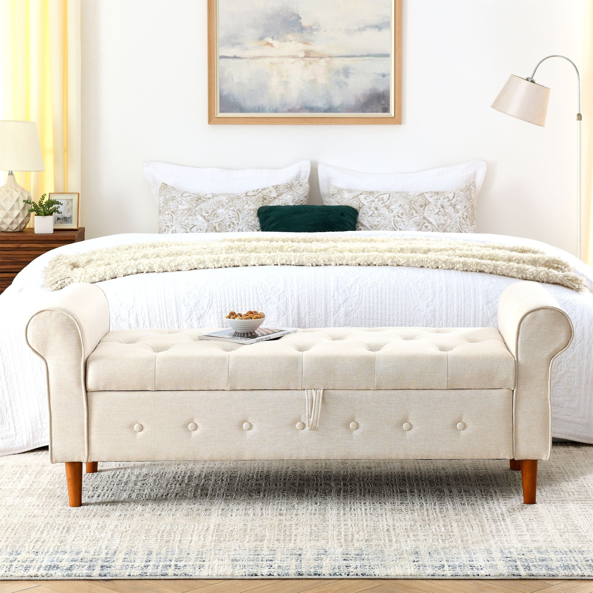 62" Bedroom Tufted Button Storage Bench, Modern Fabric Upholstered Ottoman, Window Bench, Rolled Arm Design for Bedroom, Living Room, Foyer (Beige) - Comfortable Living Decor